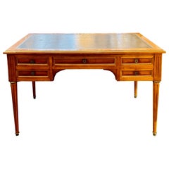 Vintage French Louis XVI Style Mahogany and Brass Writing Desk with Leather Top