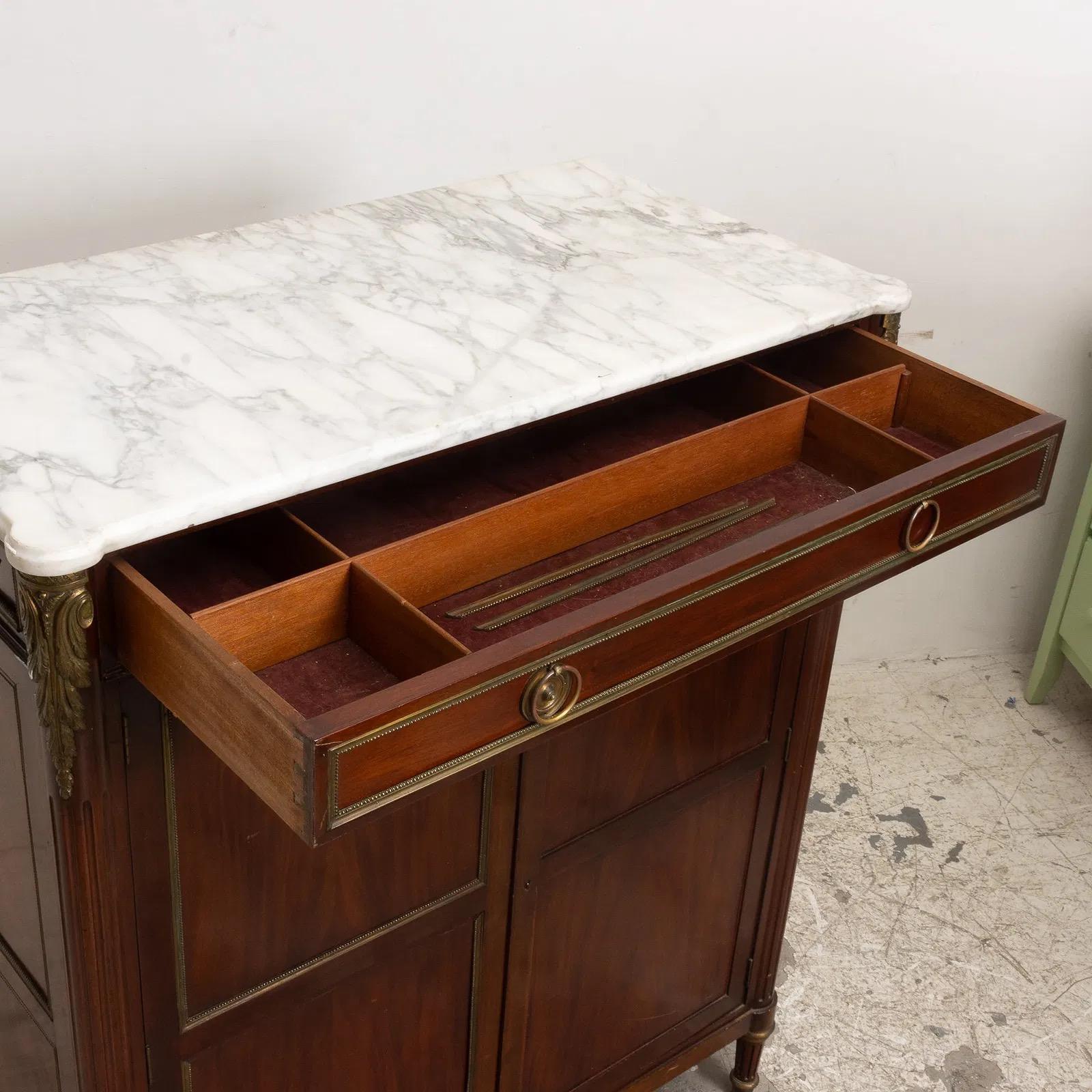 French Louis XVI Style Mahogany Brass Mounted Marble Top 2 Door Cabinet For Sale 5