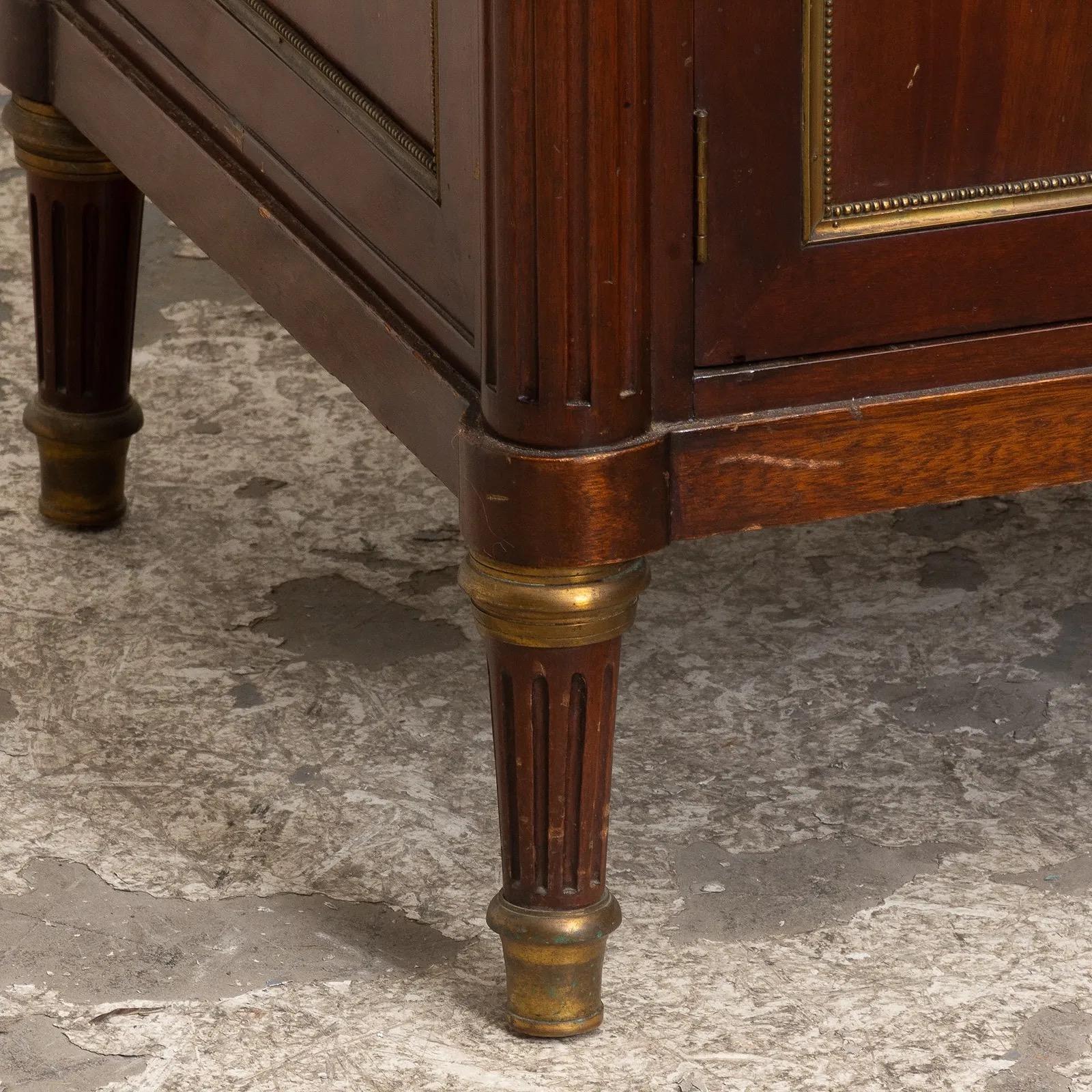 French Louis XVI Style Mahogany Brass Mounted Marble Top 2 Door Cabinet For Sale 6