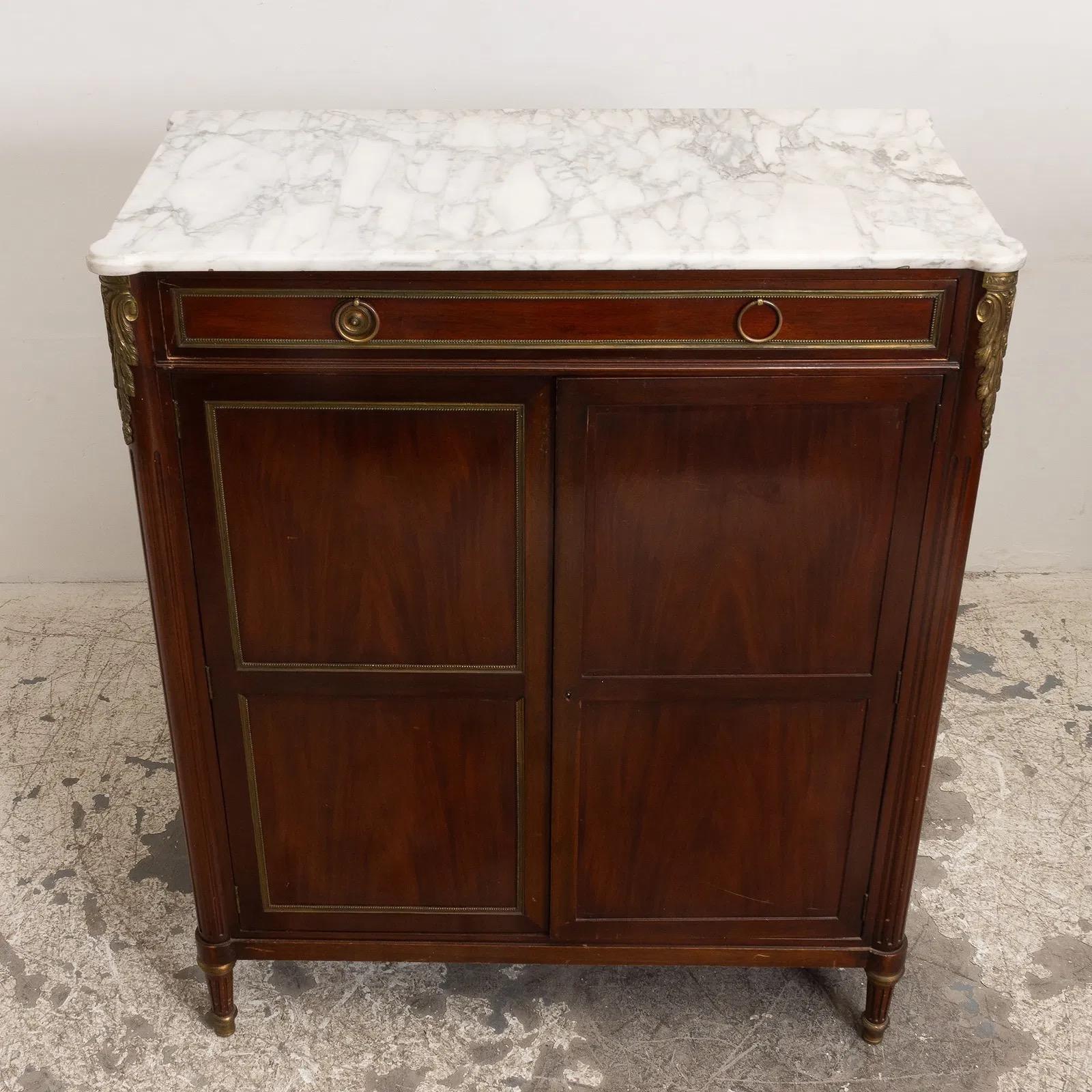 French Louis XVI Style Mahogany Brass Mounted Marble Top 2 Door Cabinet In Good Condition For Sale In Los Angeles, CA