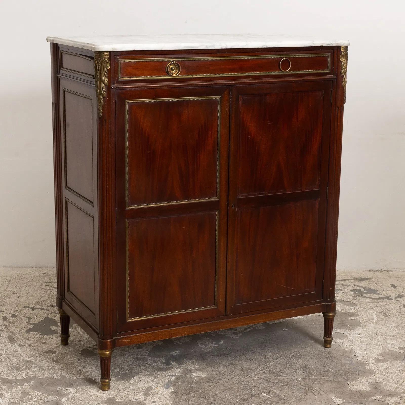 19th Century French Louis XVI Style Mahogany Brass Mounted Marble Top 2 Door Cabinet For Sale