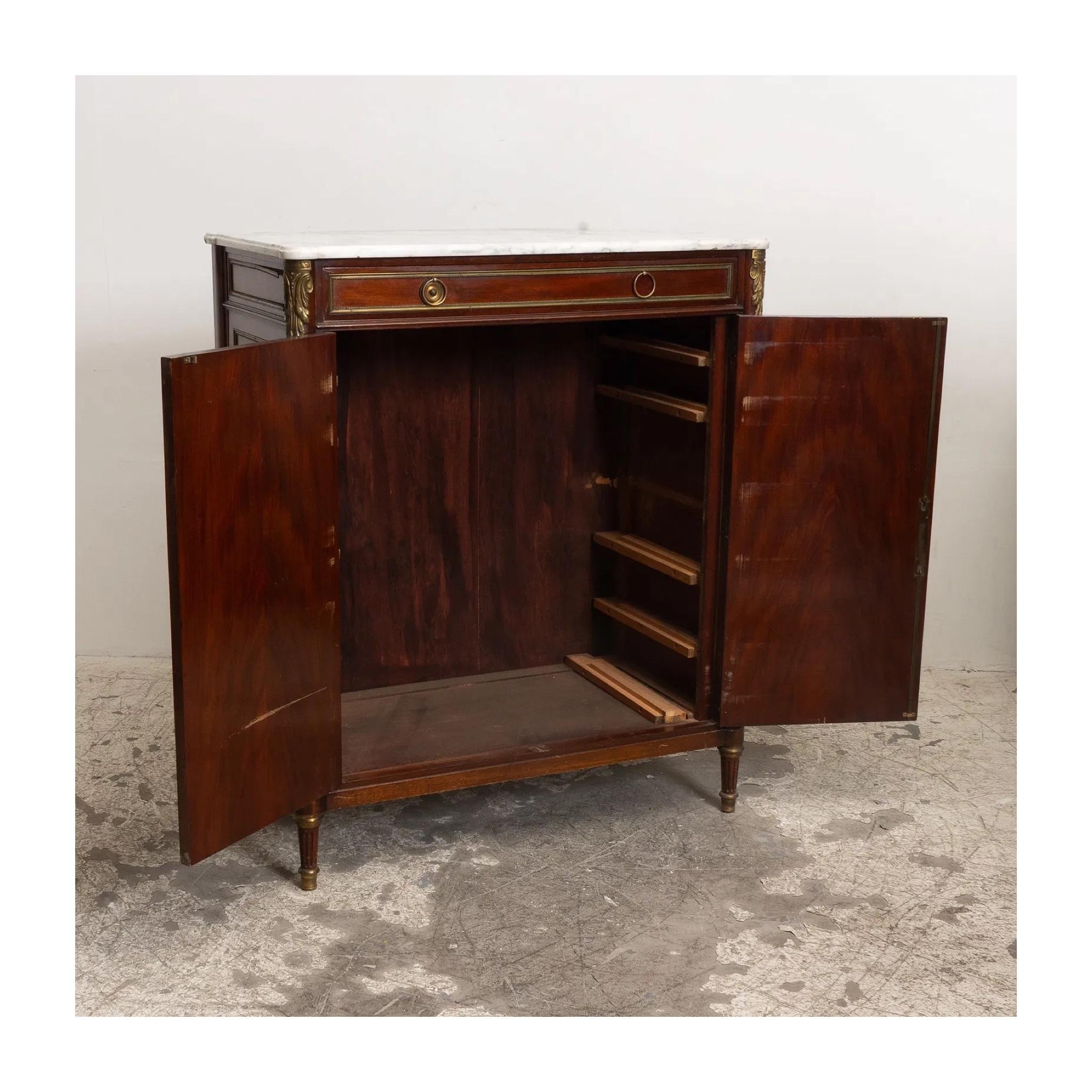 French Louis XVI Style Mahogany Brass Mounted Marble Top 2 Door Cabinet For Sale 1
