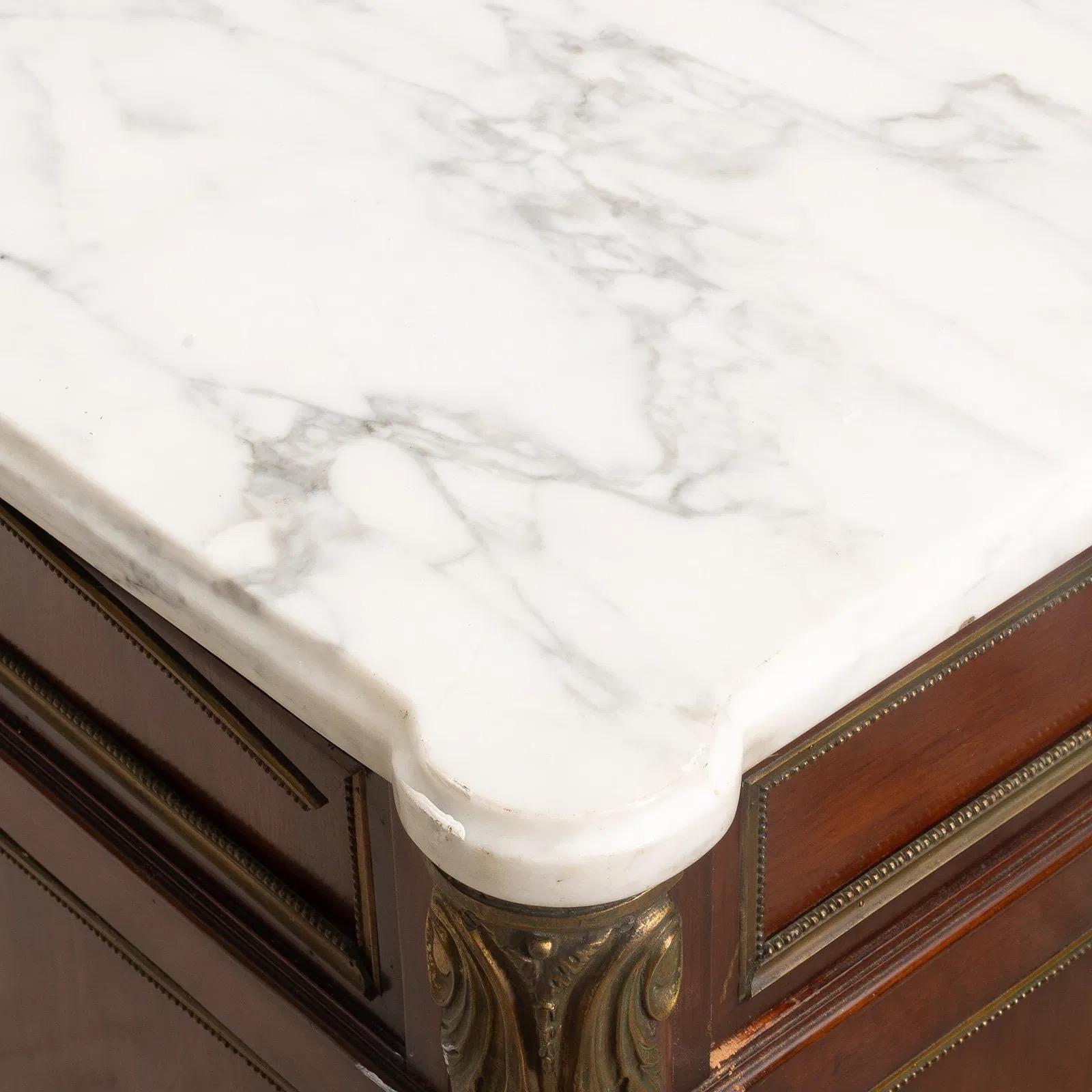 French Louis XVI Style Mahogany Brass Mounted Marble Top 2 Door Cabinet For Sale 2