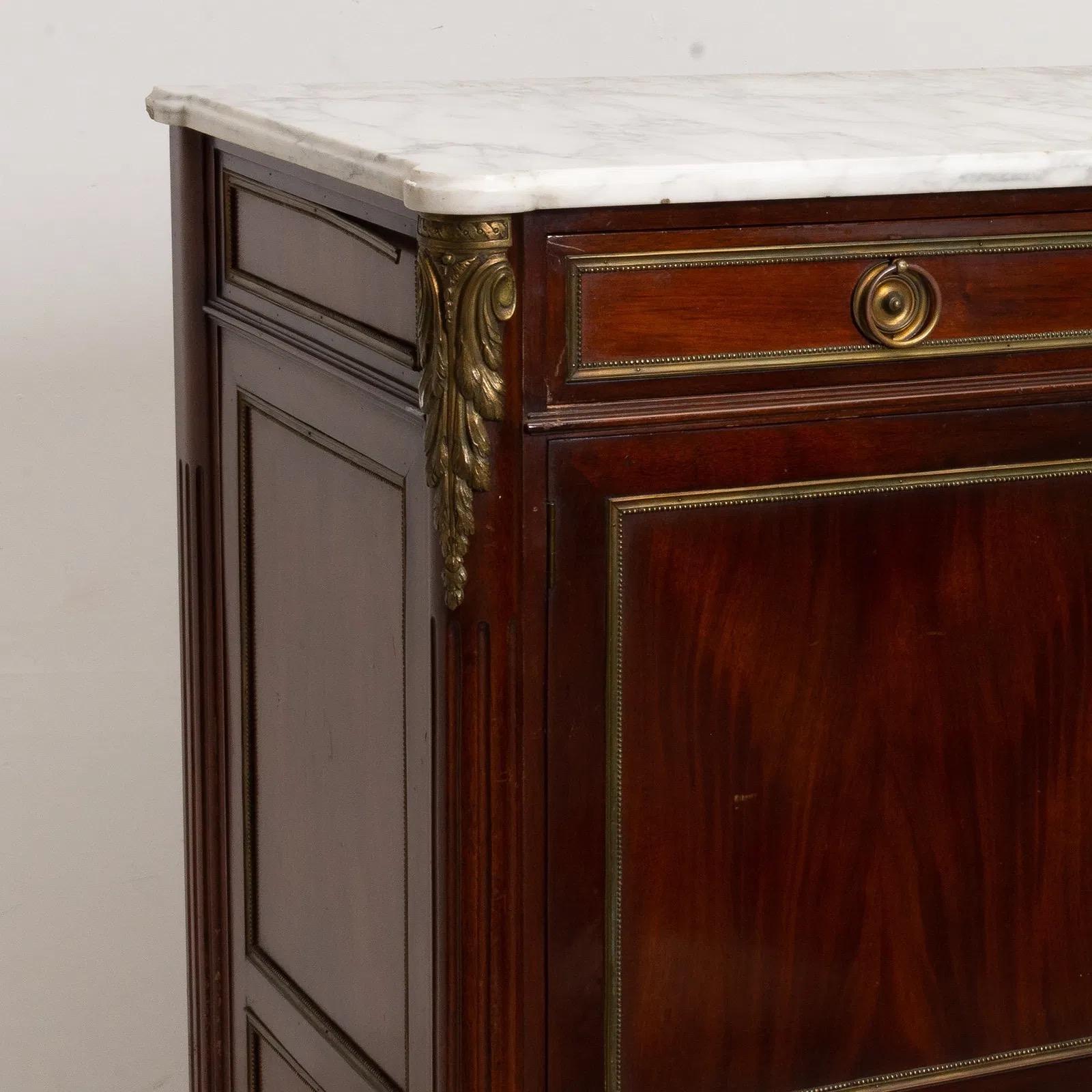 French Louis XVI Style Mahogany Brass Mounted Marble Top 2 Door Cabinet For Sale 3