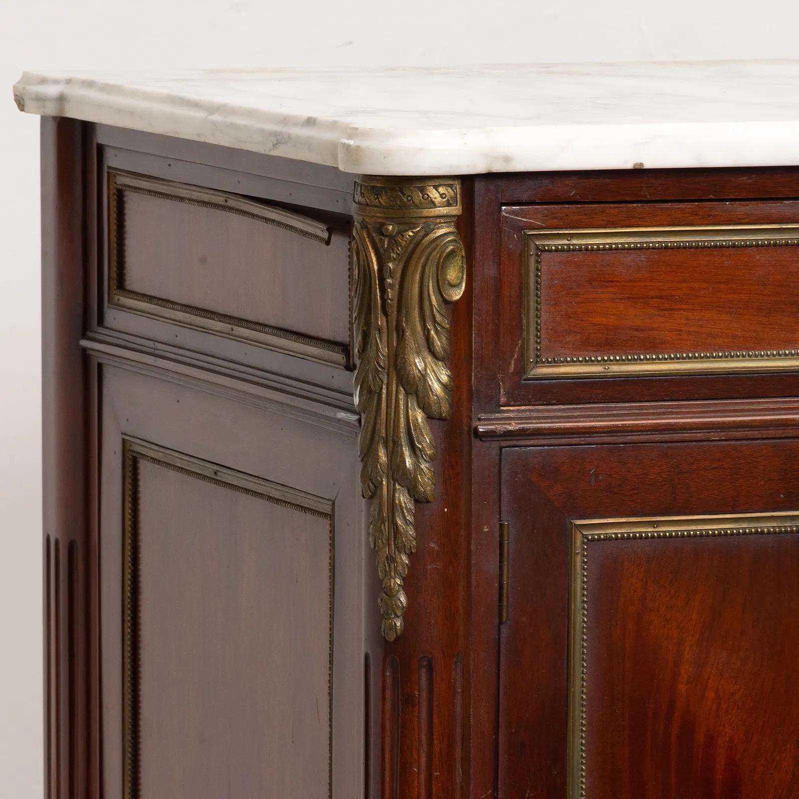 French Louis XVI Style Mahogany Brass Mounted Marble Top 2 Door Cabinet For Sale 4