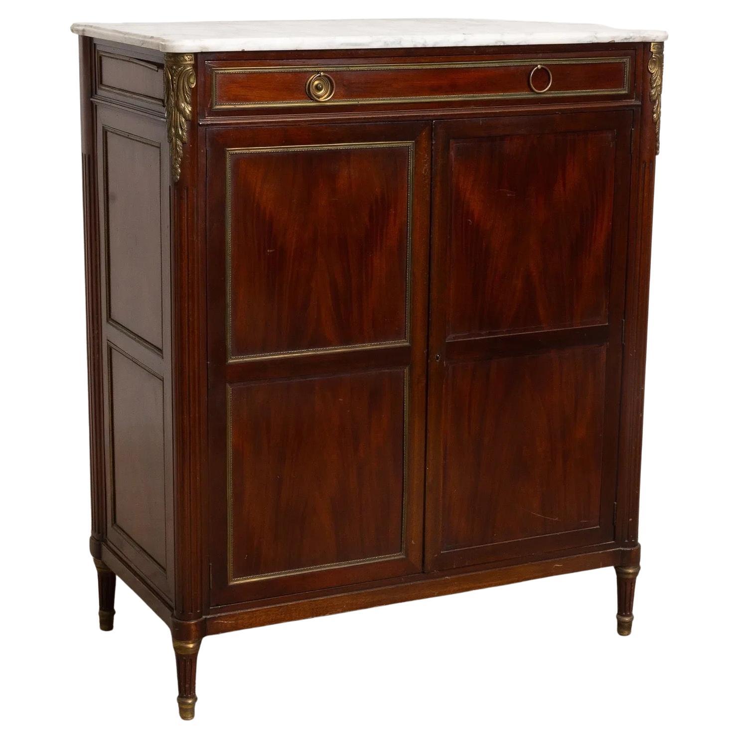 French Louis XVI Style Mahogany Brass Mounted Marble Top 2 Door Cabinet For Sale