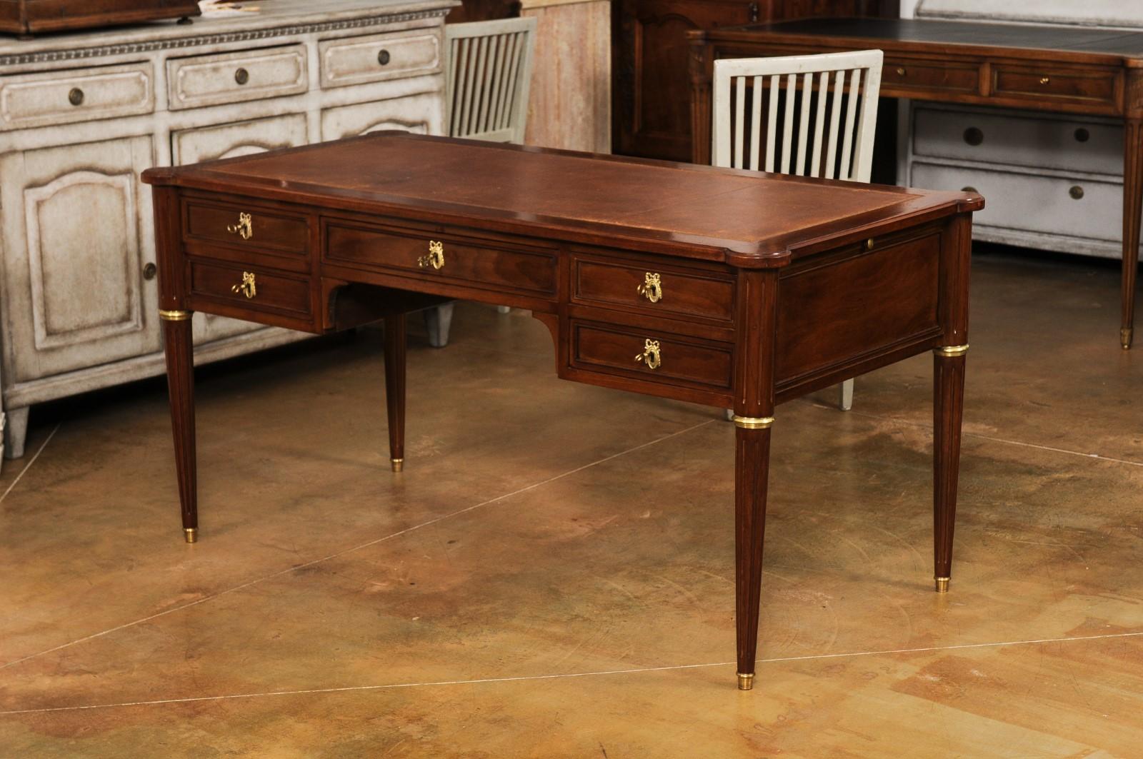 French Louis XVI Style Mahogany Bureau Plat Desk with Leather Top and Pull-Outs 6