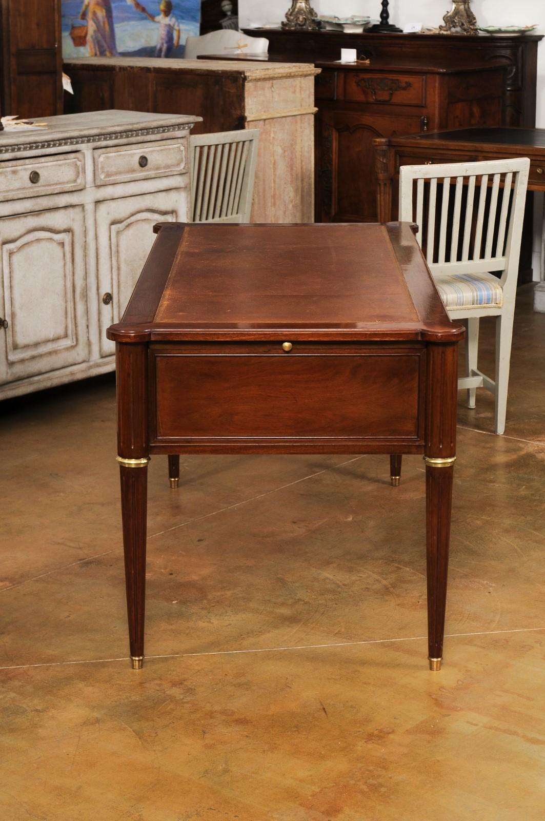 French Louis XVI Style Mahogany Bureau Plat Desk with Leather Top and Pull-Outs 7