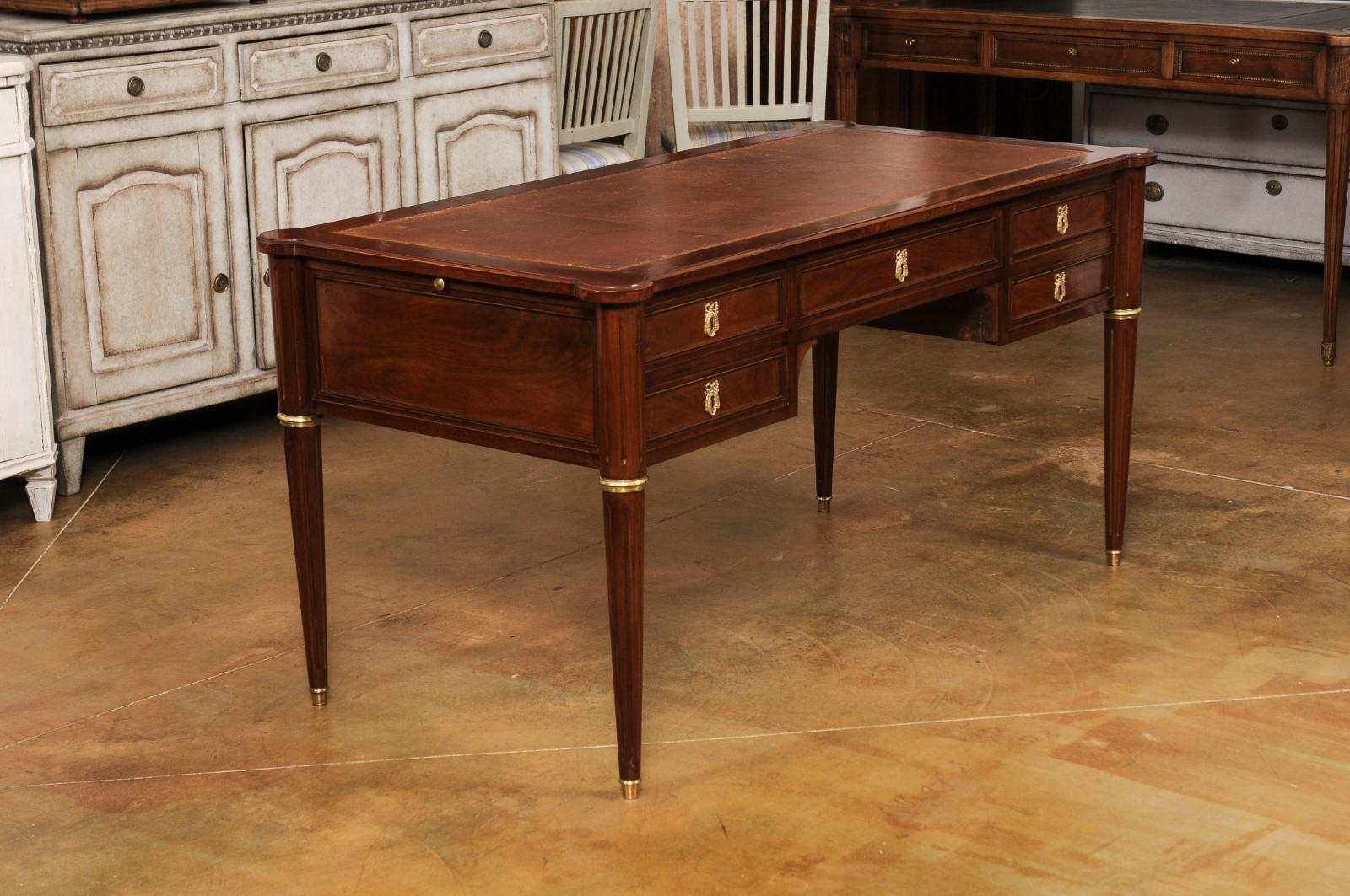 French Louis XVI Style Mahogany Bureau Plat Desk with Leather Top and Pull-Outs 8