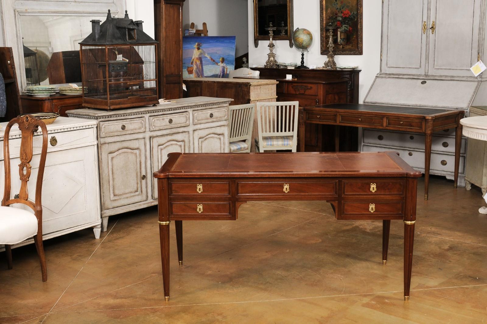 French Louis XVI Style Mahogany Bureau Plat Desk with Leather Top and Pull-Outs 9