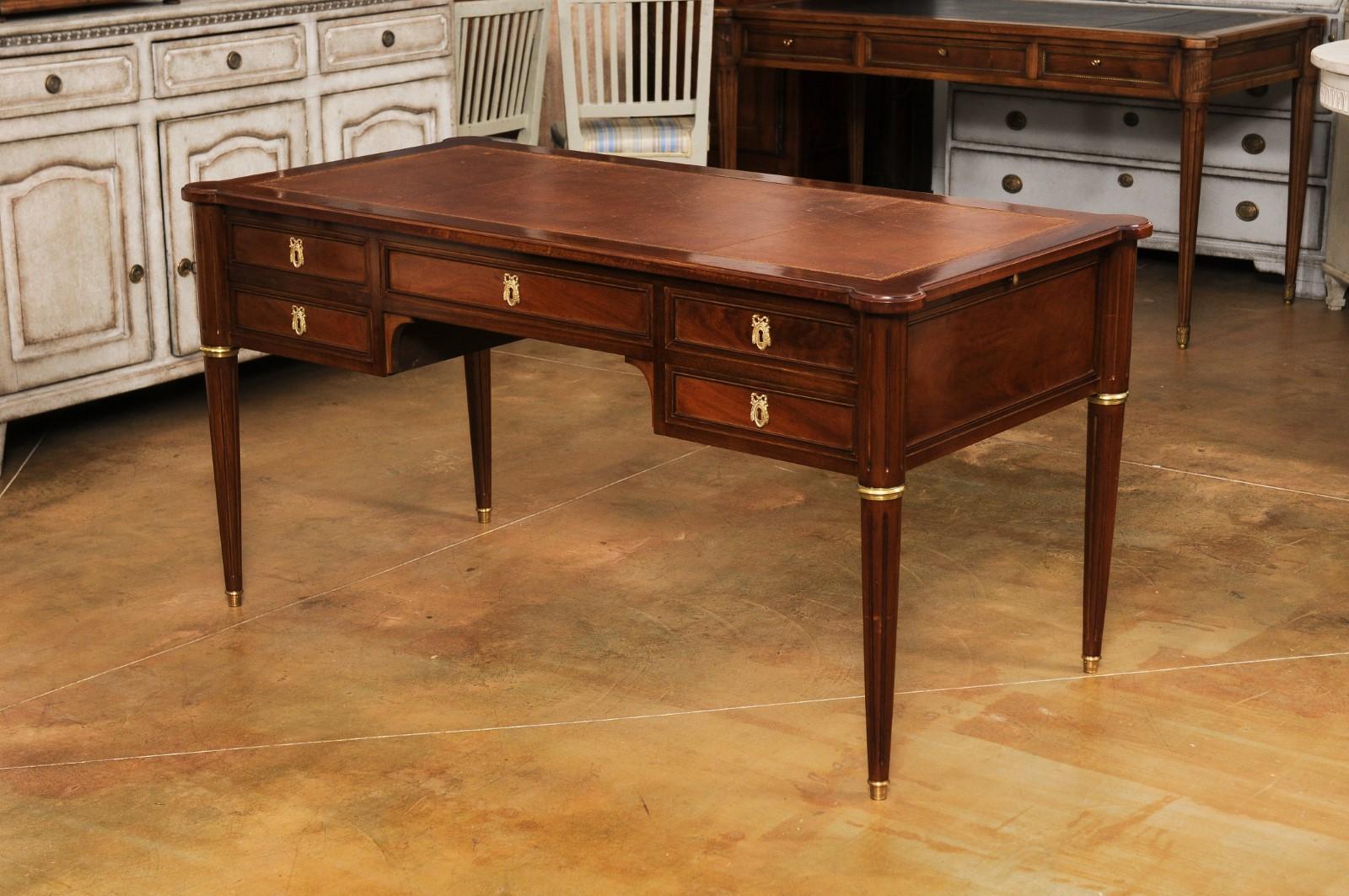French Louis XVI Style Mahogany Bureau Plat Desk with Leather Top and Pull-Outs 10