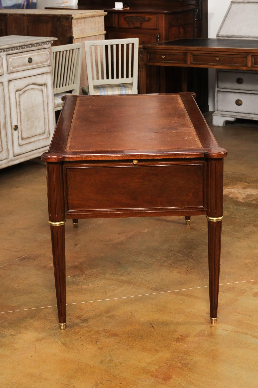 French Louis XVI Style Mahogany Bureau Plat Desk with Leather Top and Pull-Outs 11