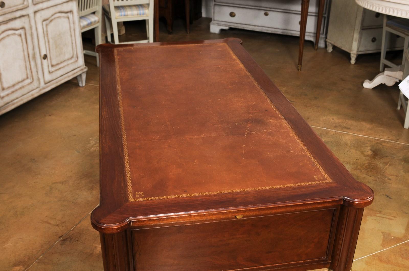French Louis XVI Style Mahogany Bureau Plat Desk with Leather Top and Pull-Outs 12