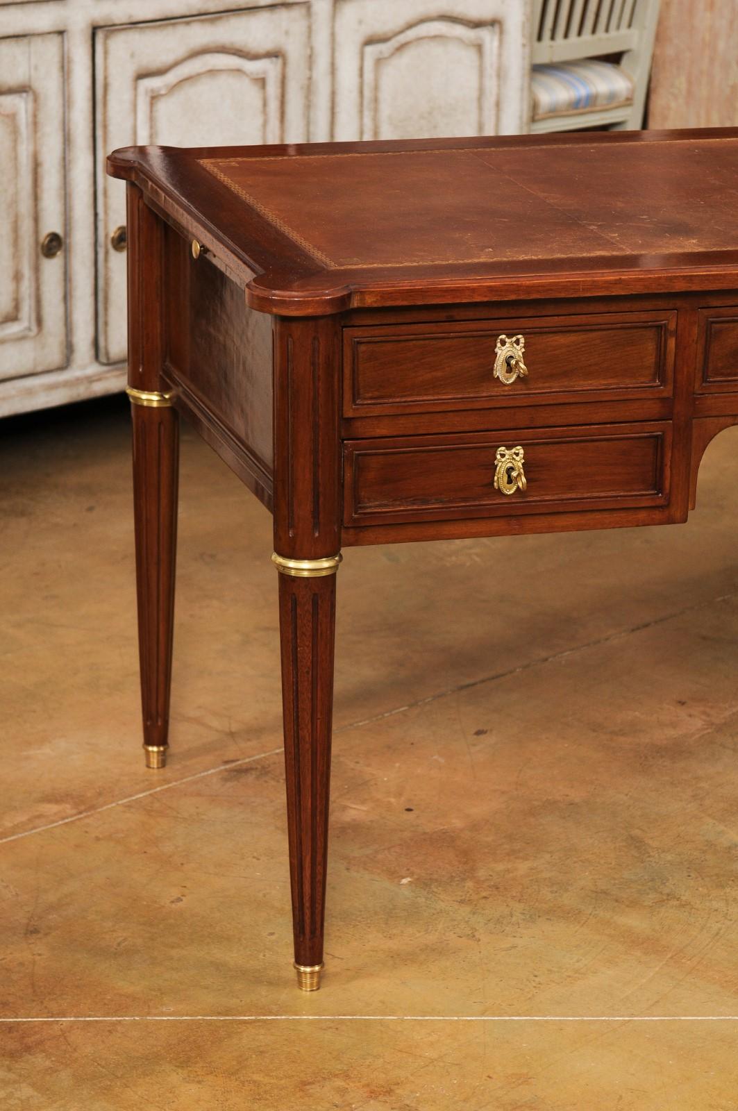 20th Century French Louis XVI Style Mahogany Bureau Plat Desk with Leather Top and Pull-Outs