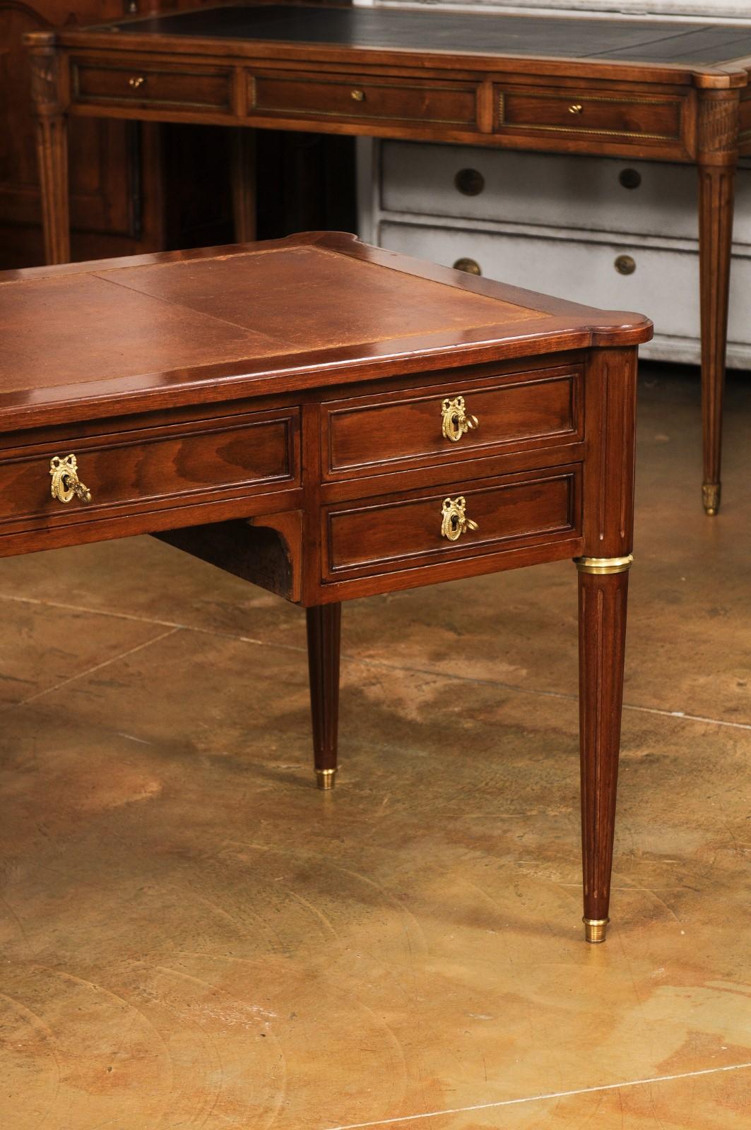 Bronze French Louis XVI Style Mahogany Bureau Plat Desk with Leather Top and Pull-Outs