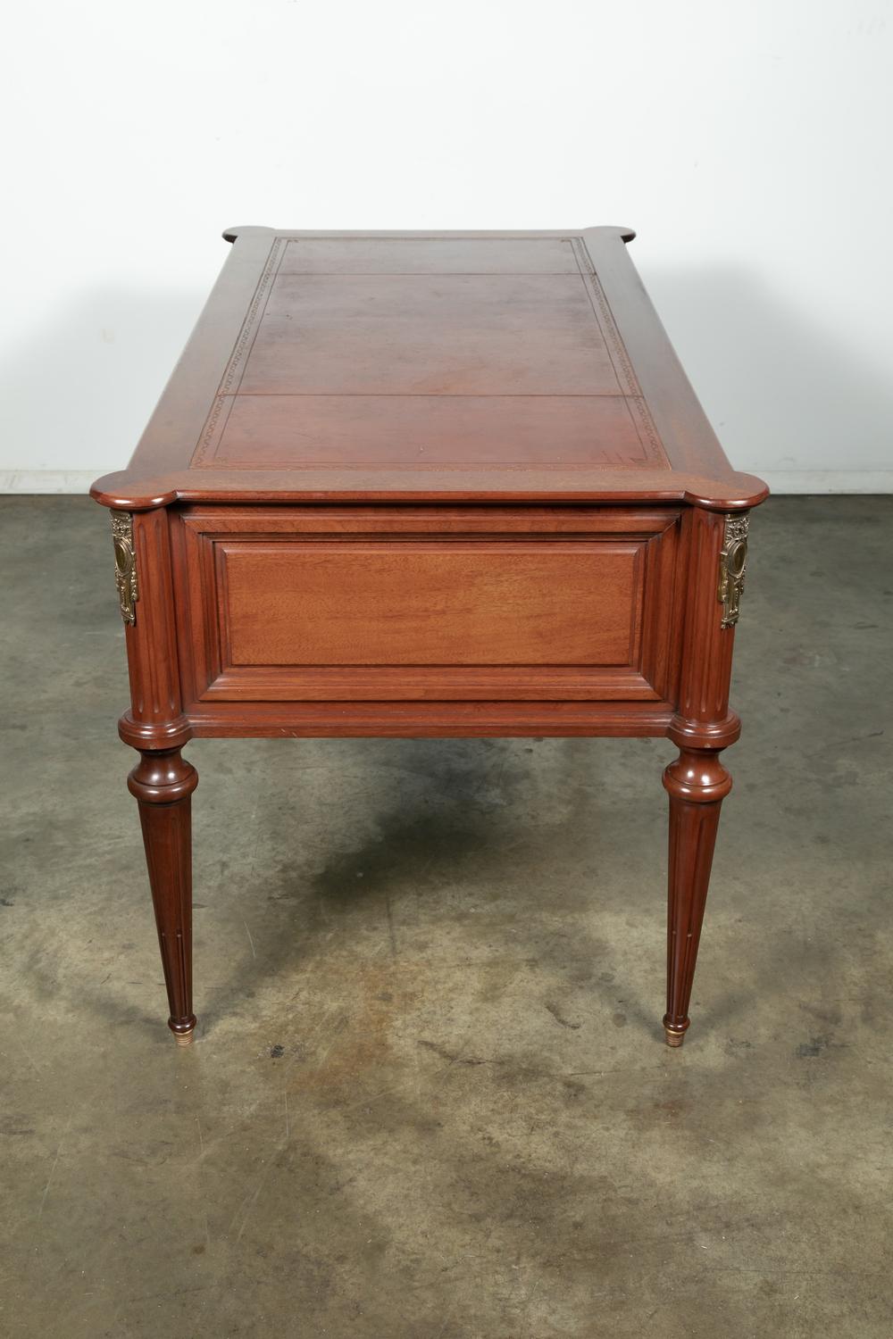 French Louis XVI Style Mahogany Bureau Plat with Tooled Leather Top 6