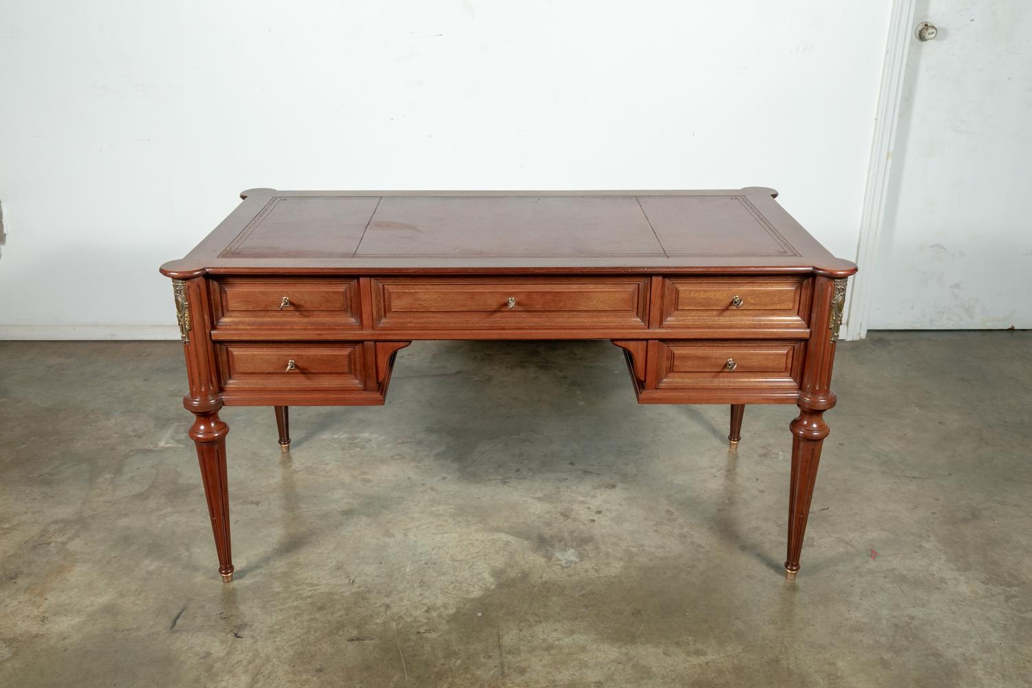 French Louis XVI Style Mahogany Bureau Plat with Tooled Leather Top In Good Condition In Birmingham, AL
