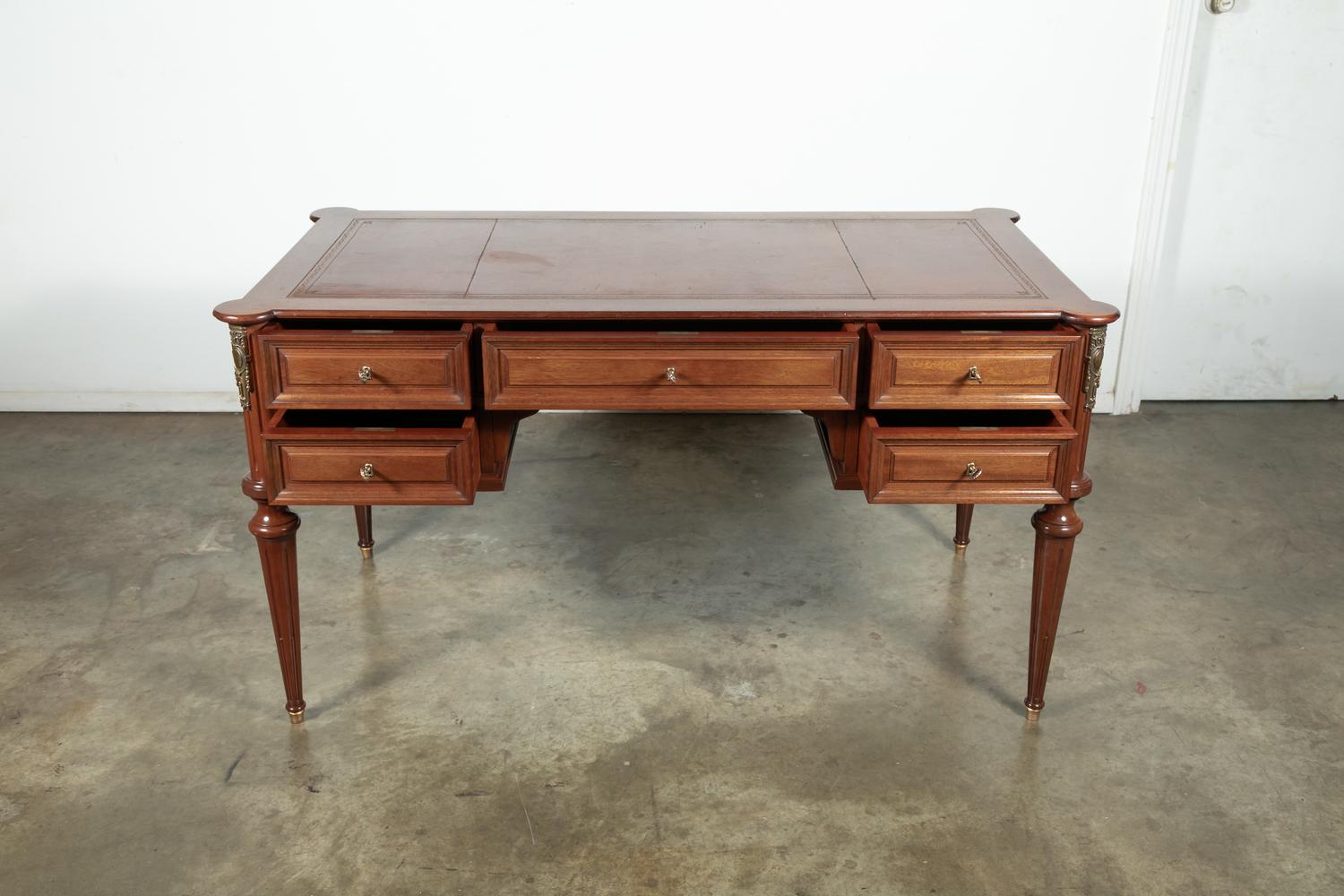 Mid-20th Century French Louis XVI Style Mahogany Bureau Plat with Tooled Leather Top