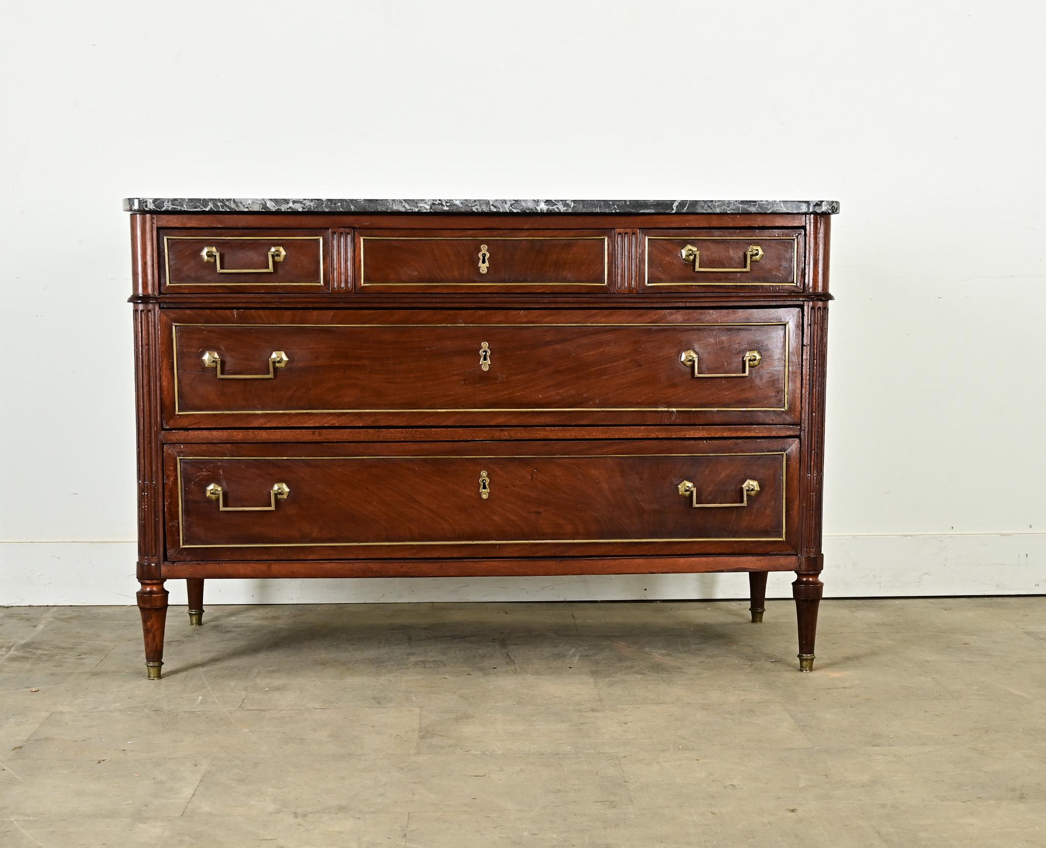 Carved French Louis XVI Style Mahogany Commode For Sale