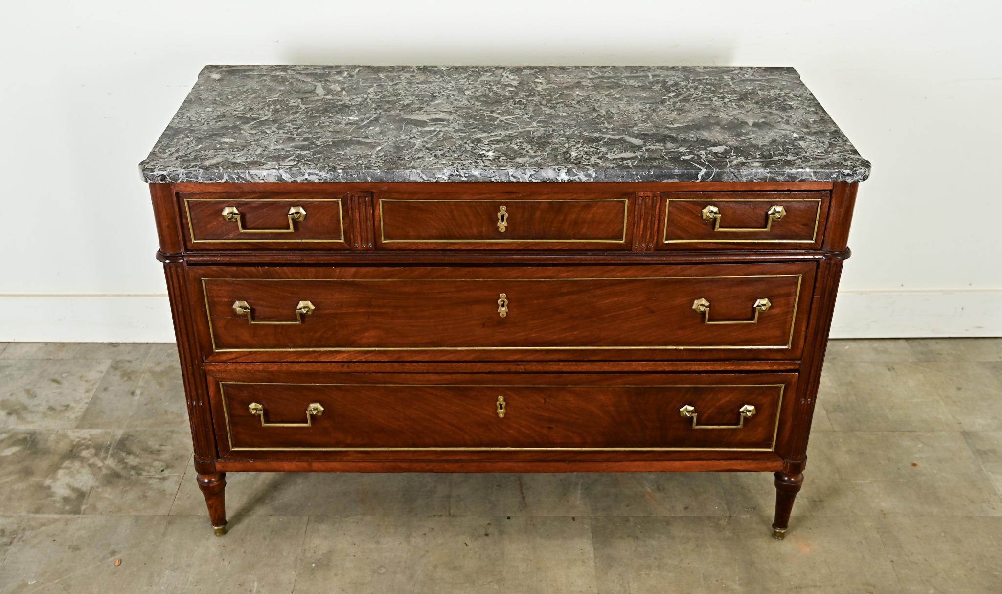 Brass French Louis XVI Style Mahogany Commode For Sale
