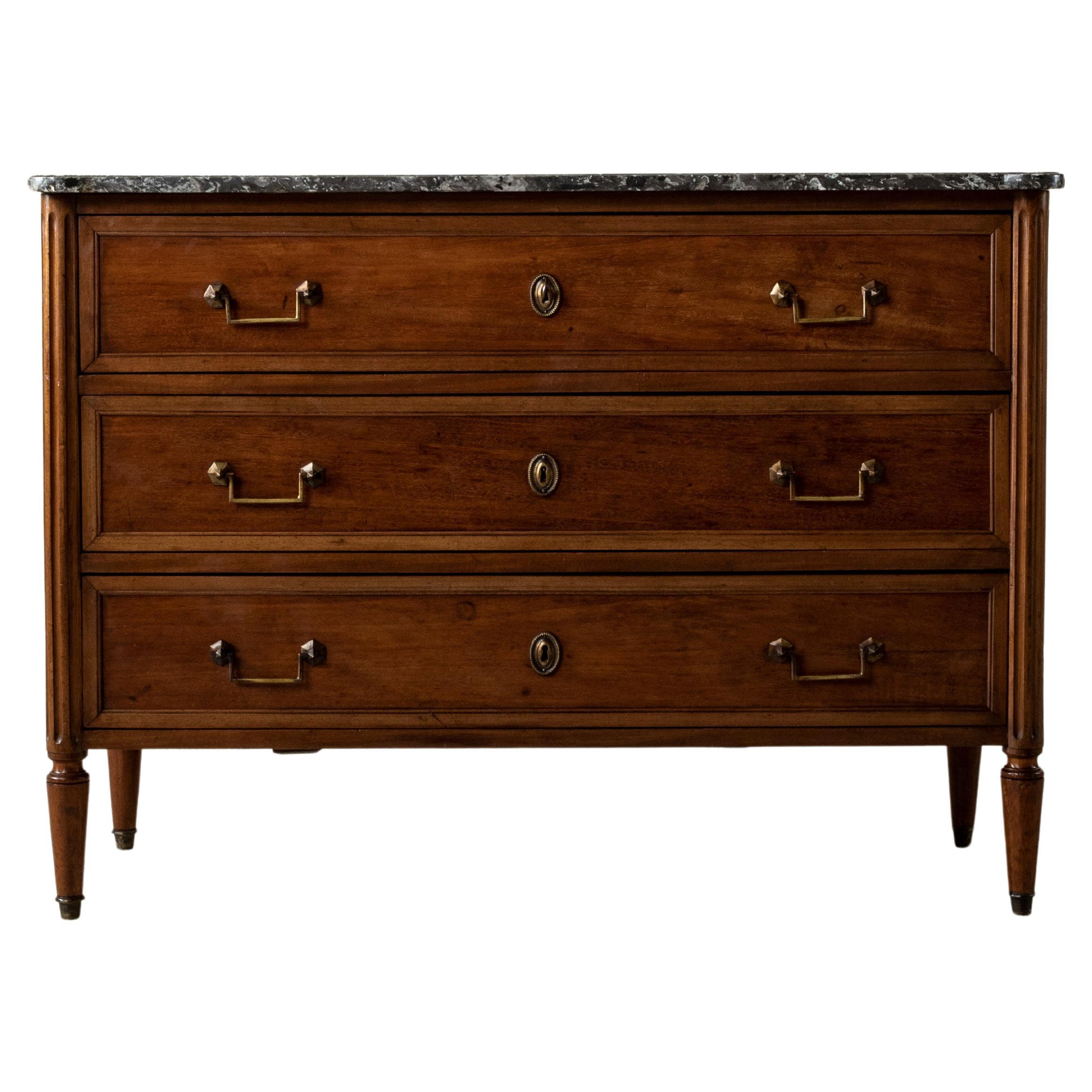 French Louis XVI Style Mahogany Commode or Chest, Marble Top