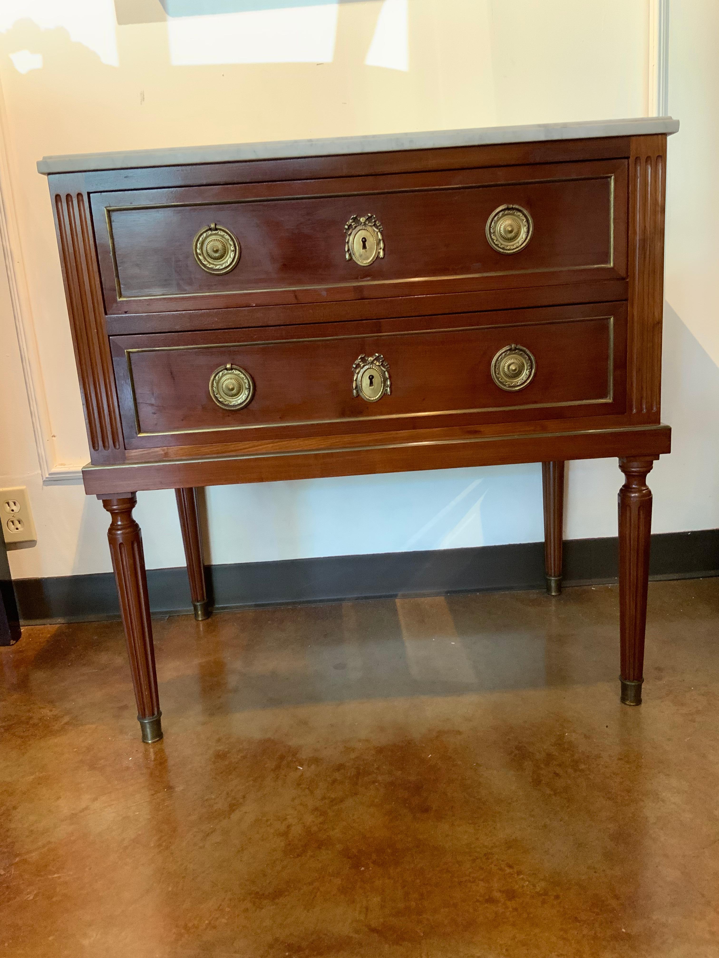 French Louis XVI-Style Mahogany Commode with White Marb, e Top 3