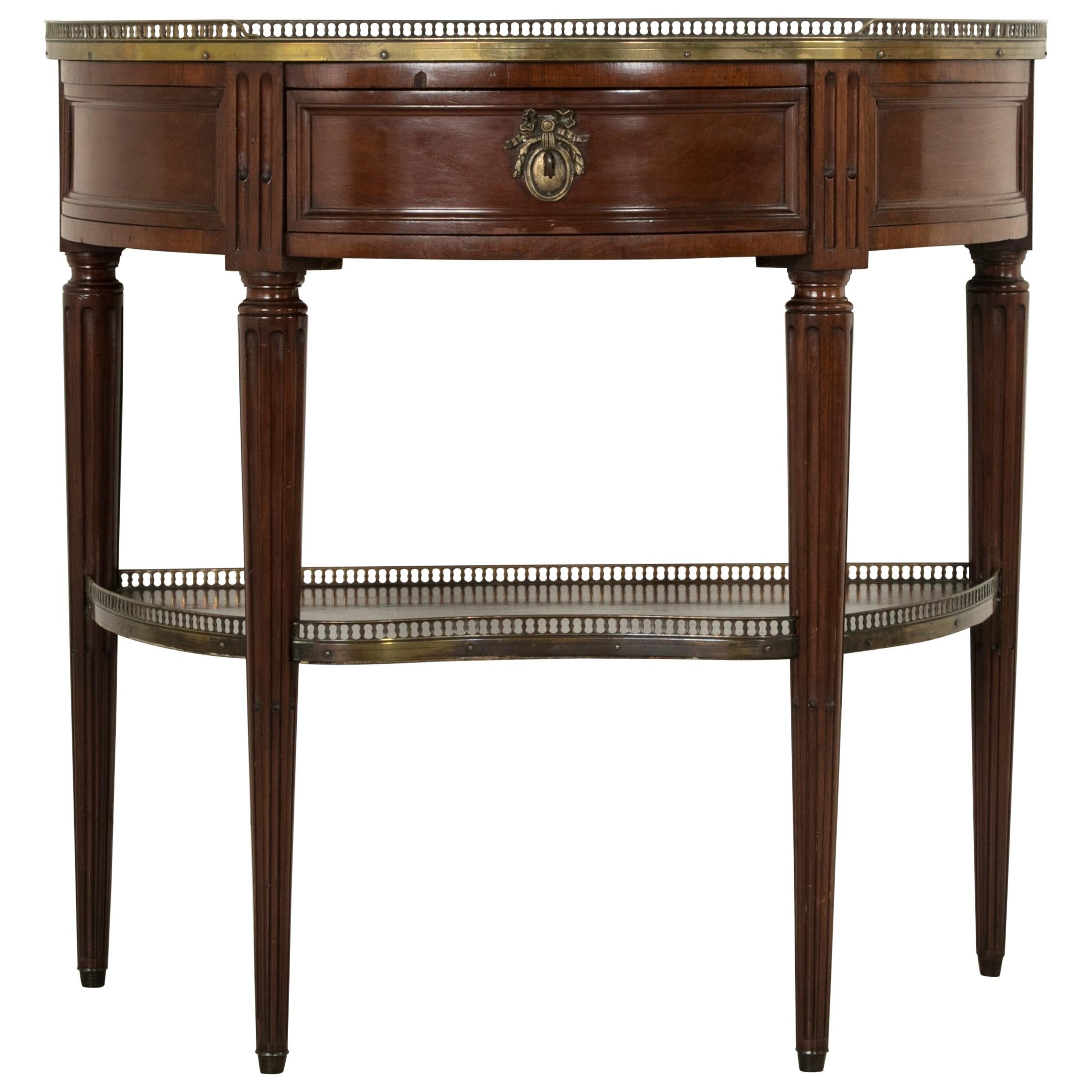 French Louis XVI Style Mahogany Demilune Console Table, Marble Top, circa 1900