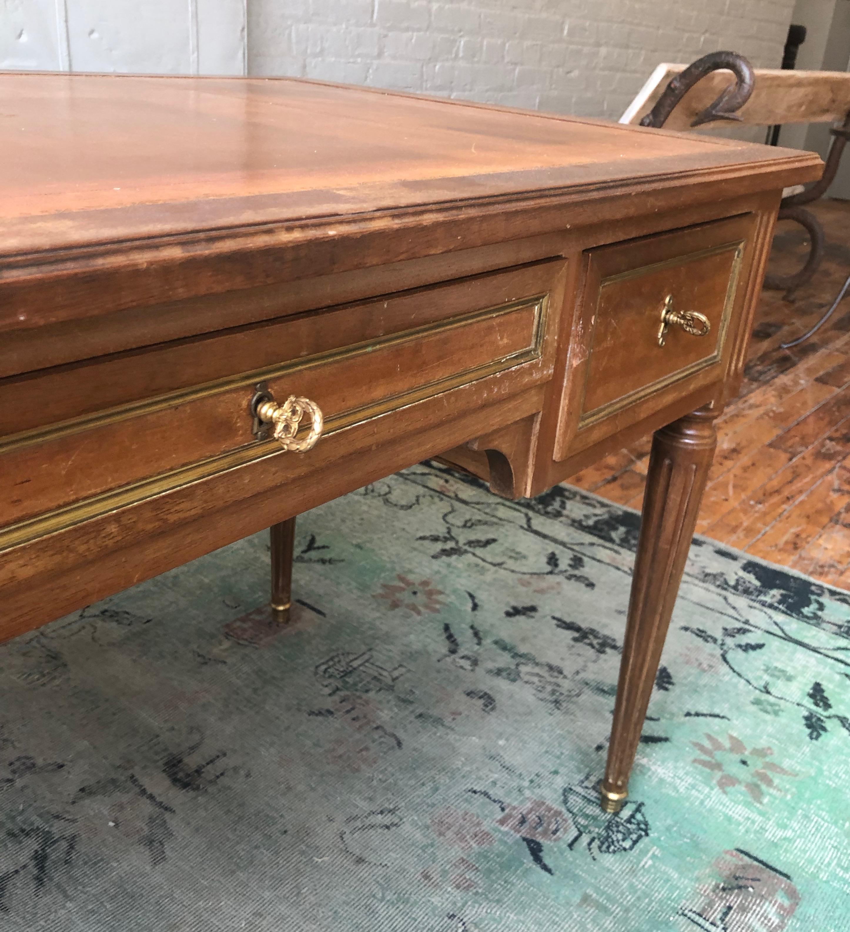 French Louis XVI Style Mahogany Desk with Distressed Leather Top 2