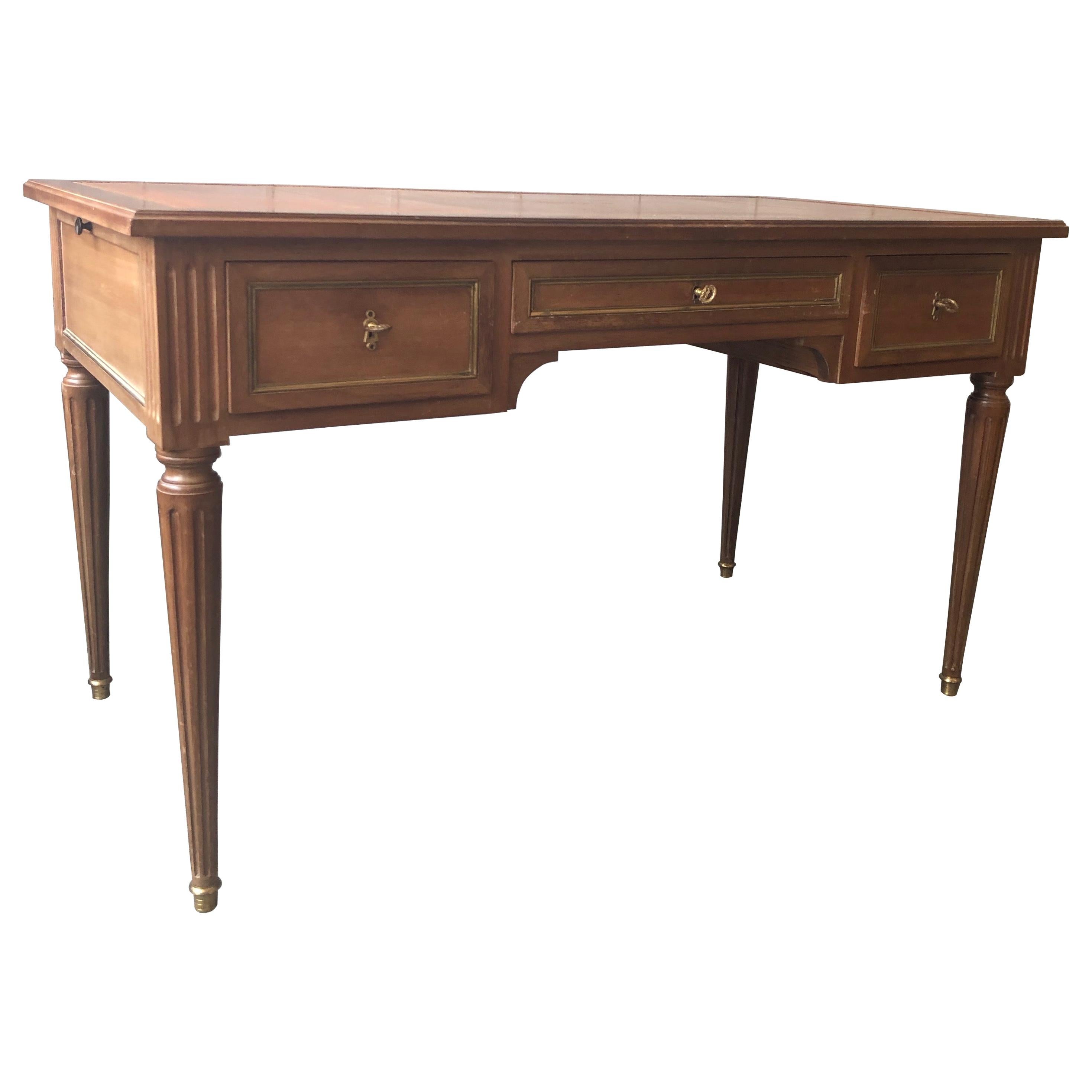 French Louis XVI Style Mahogany Desk with Distressed Leather Top