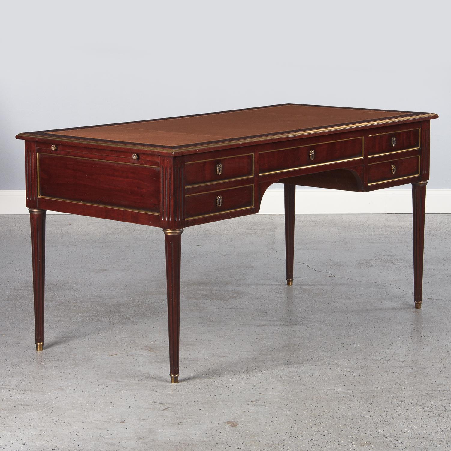 French Louis XVI Style Mahogany Desk with Leather Top, 1950s 10