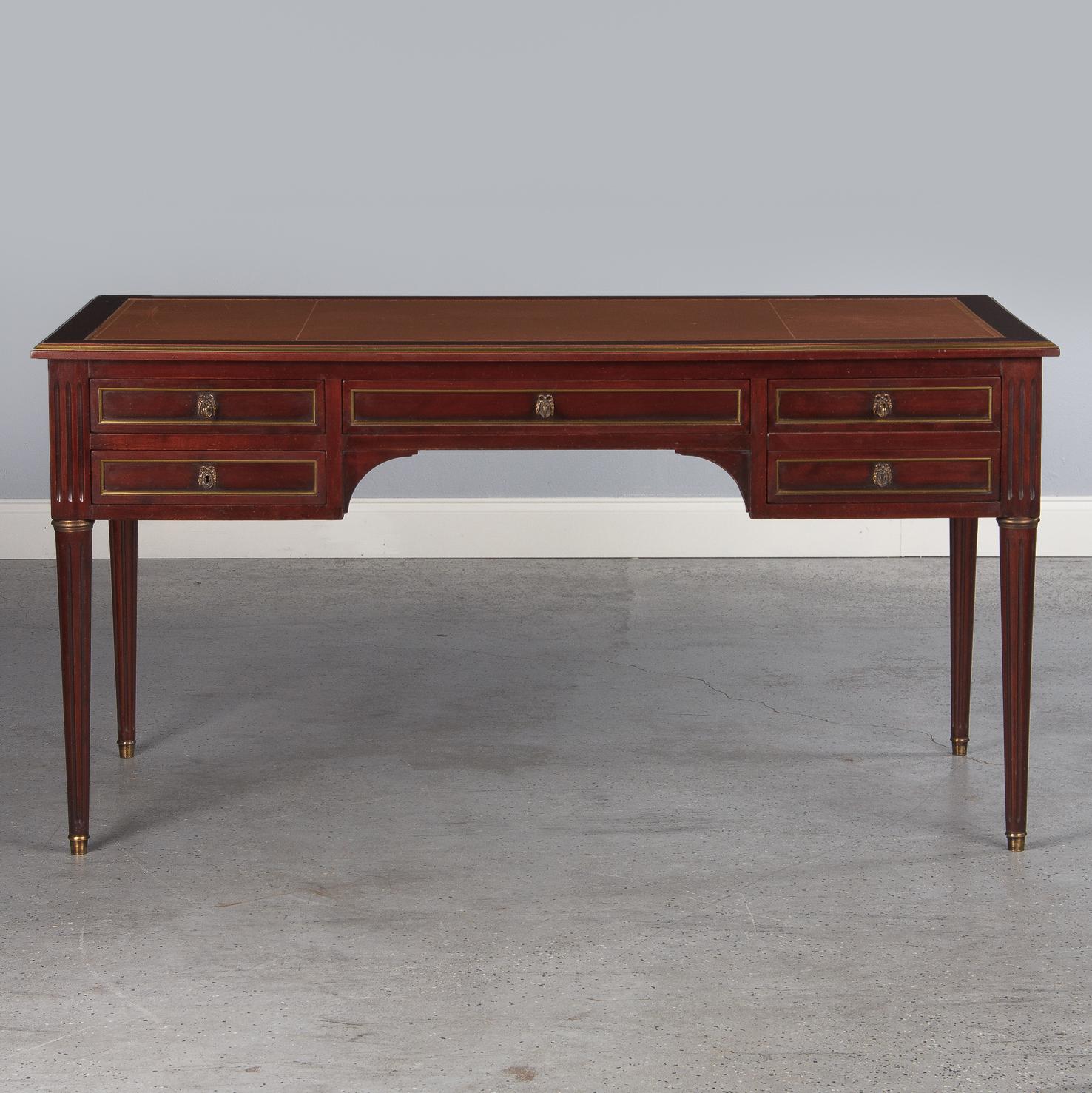 Embossed French Louis XVI Style Mahogany Desk with Leather Top, 1950s