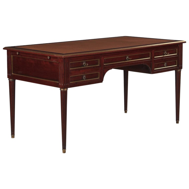 French Louis XVI Style Mahogany Desk with Leather Top, 1950s