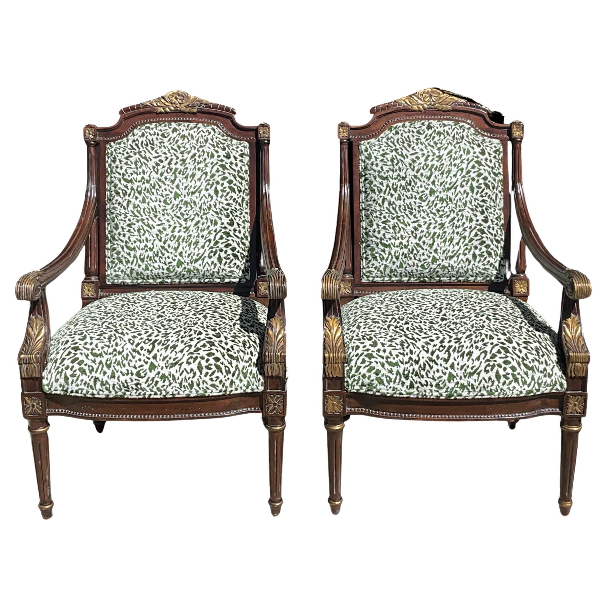 This is a lovely pair of French Louis XVI style carved mahogany and gilt painted accents. The green velvet leopard upholstery is new. The frames are intentionally distressed, unmarked and in very good condition. 

My shipping is running two to five