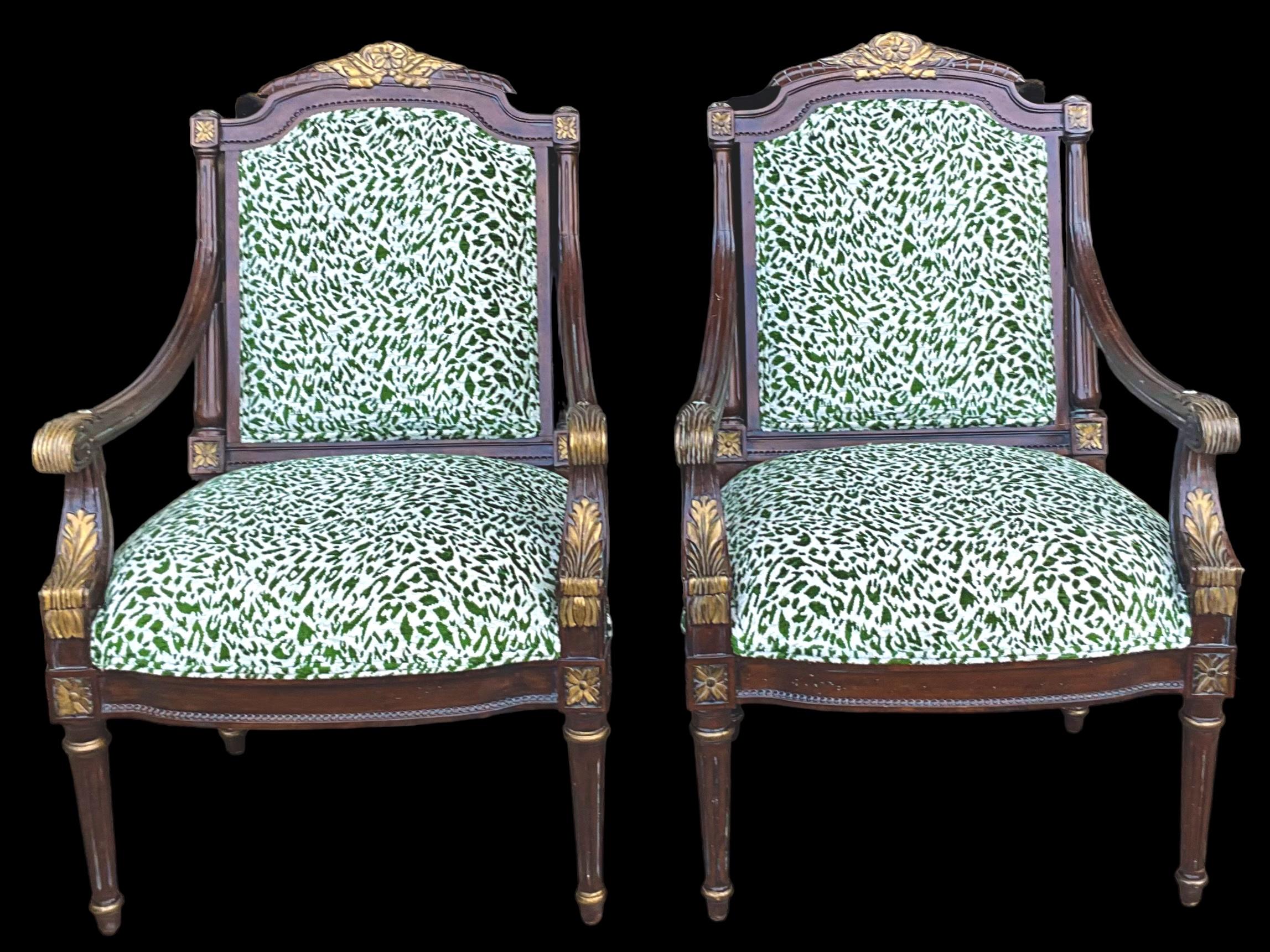 Upholstery French Louis XVI Style Mahogany & Giltwood Bergere Chairs In Green Velvet - Pair For Sale