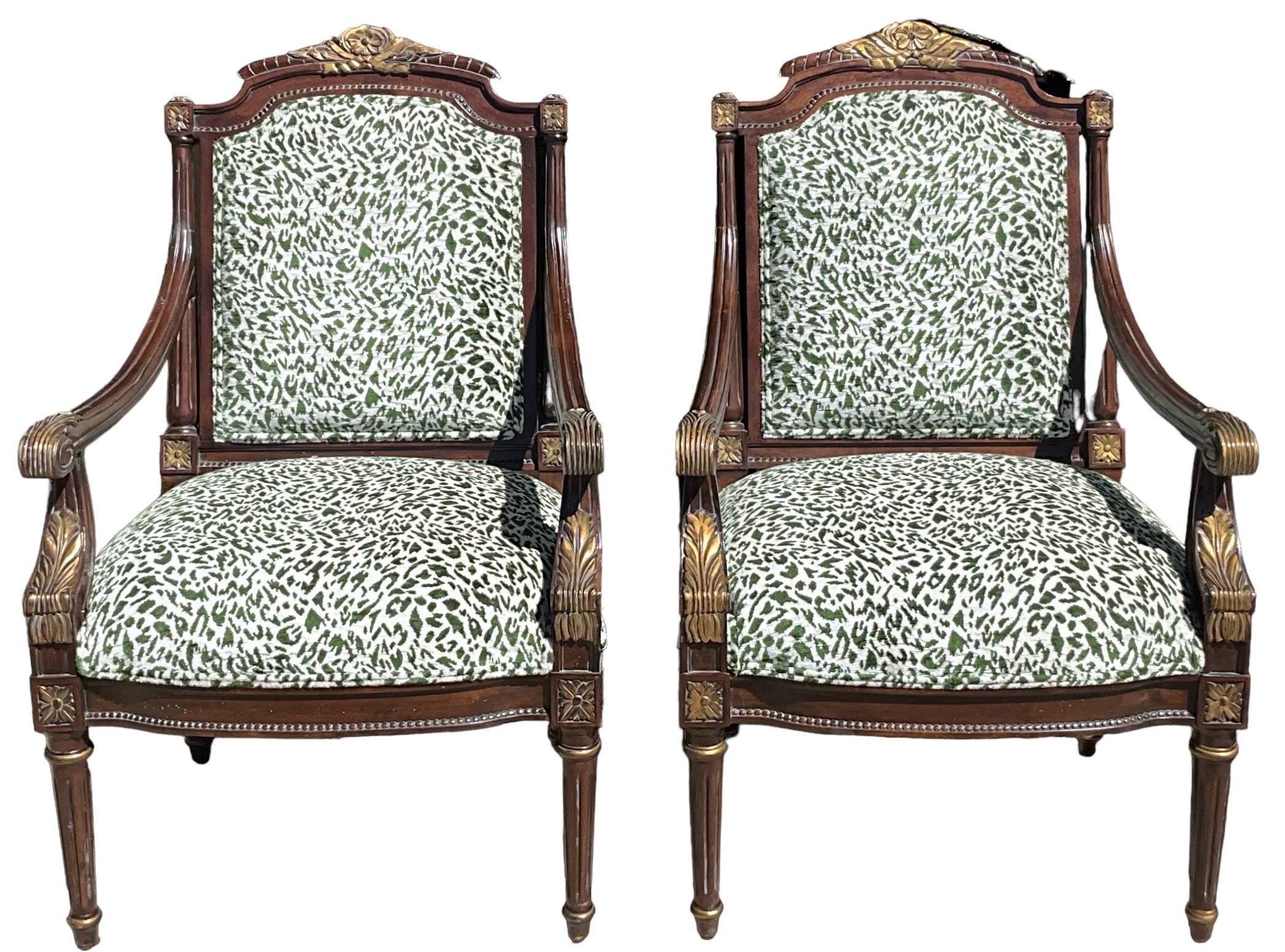 French Louis XVI Style Mahogany & Giltwood Bergere Chairs In Green Velvet - Pair For Sale