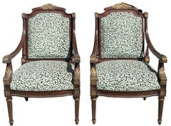 Retro French Louis XVI Style Mahogany & Giltwood Bergere Chairs In Green Velvet - Pair