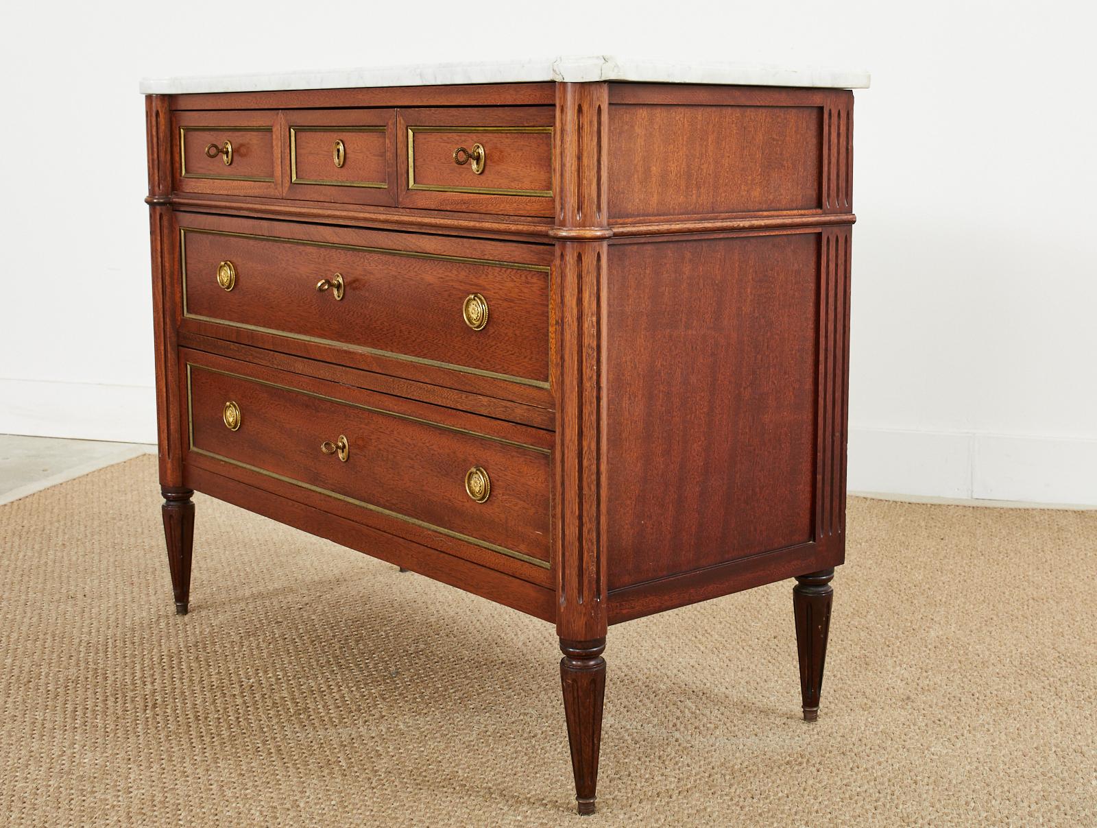 French Louis XVI Style Mahogany Marble Top Chest Commode In Good Condition In Rio Vista, CA