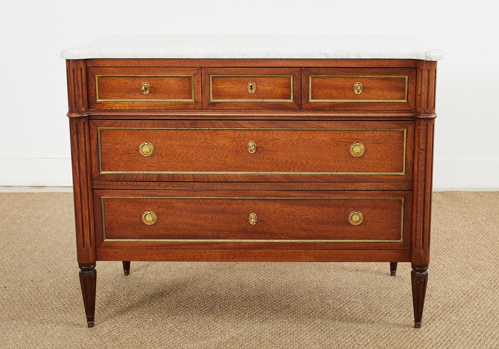 20th Century French Louis XVI Style Mahogany Marble Top Chest Commode