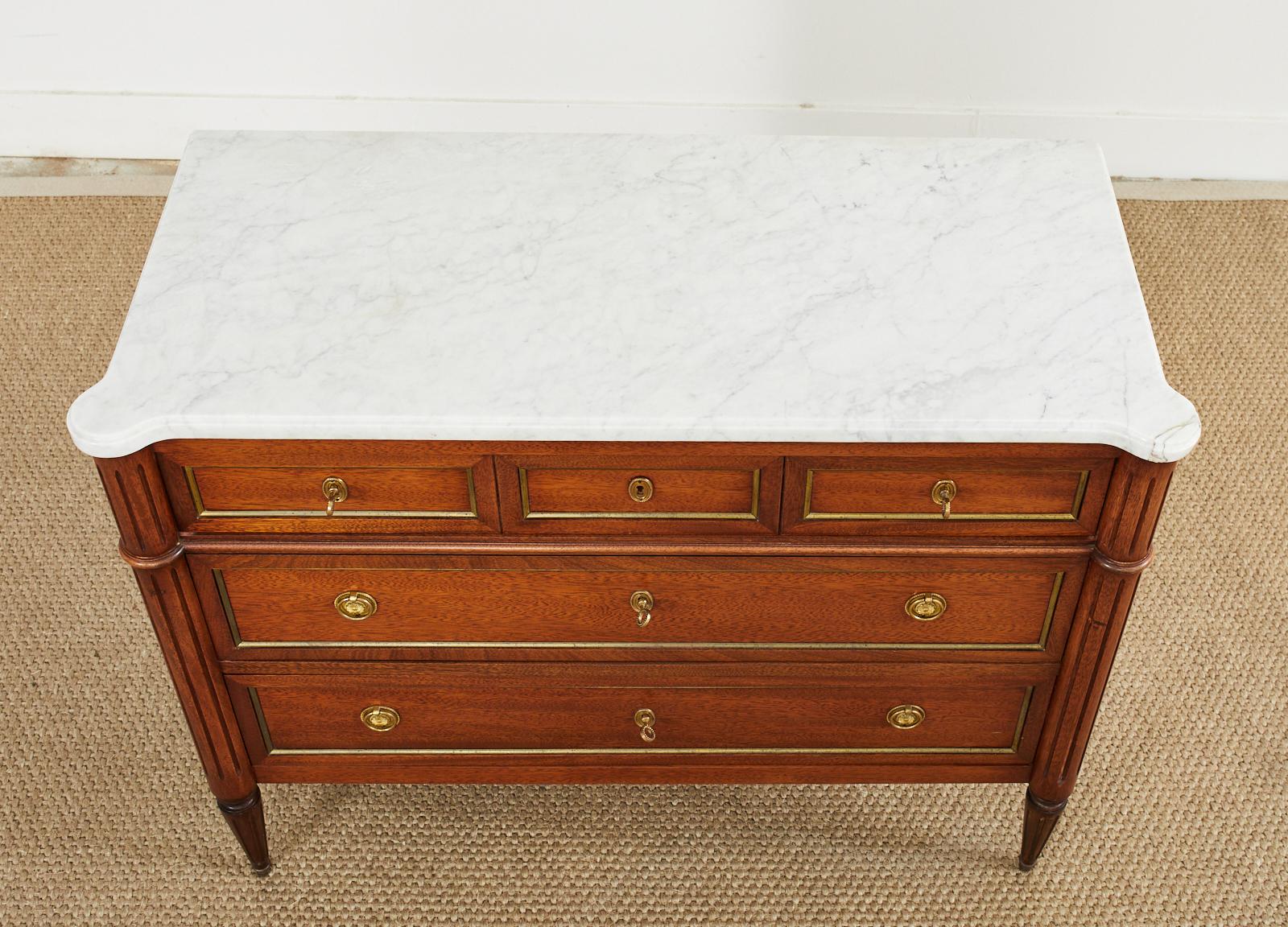 Brass French Louis XVI Style Mahogany Marble Top Chest Commode