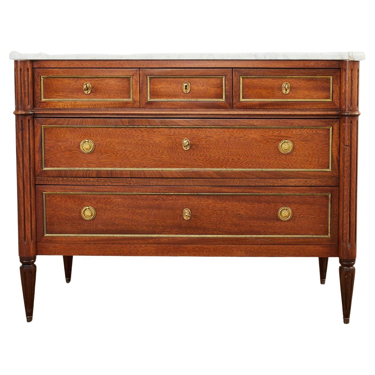 French Louis XVI Style Mahogany Marble Top Chest Commode