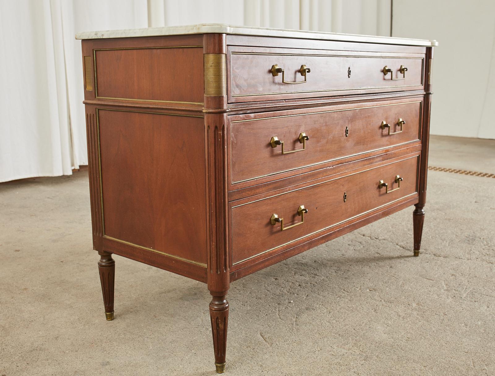 Hand-Crafted French Louis XVI Style Mahogany Marble Top Commode Chest