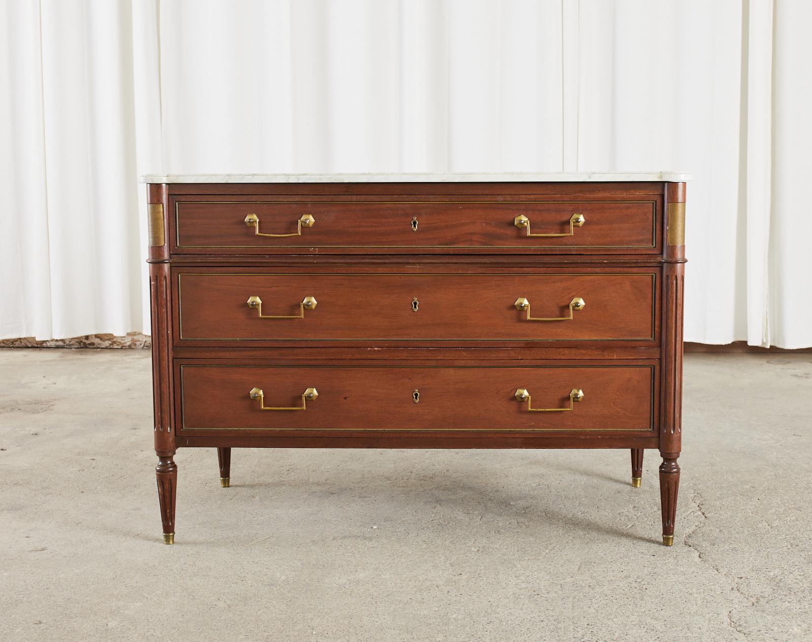 20th Century French Louis XVI Style Mahogany Marble Top Commode Chest