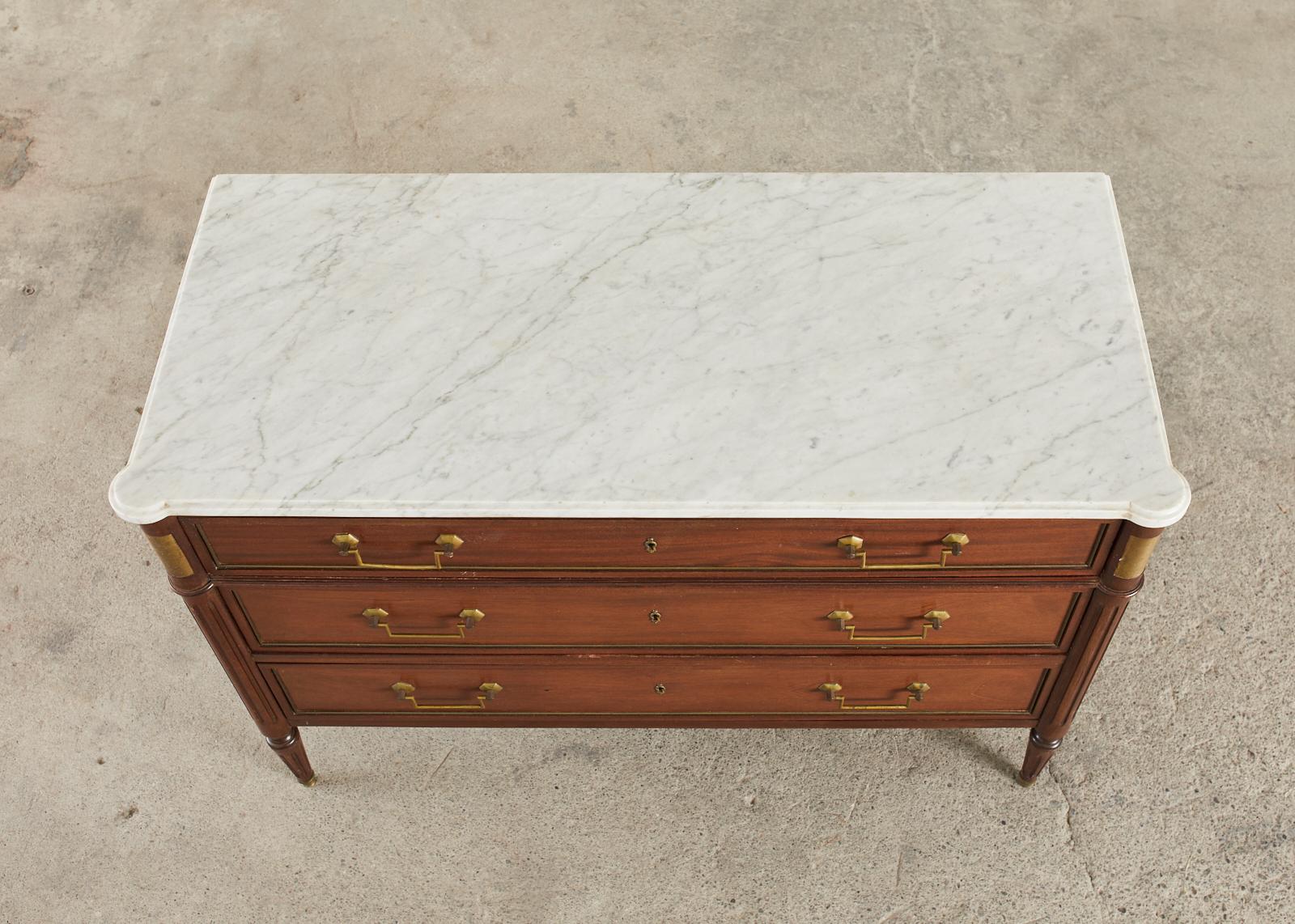 Brass French Louis XVI Style Mahogany Marble Top Commode Chest