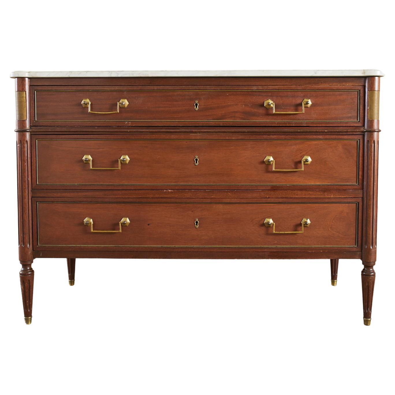 French Louis XVI Style Mahogany Marble Top Commode Chest