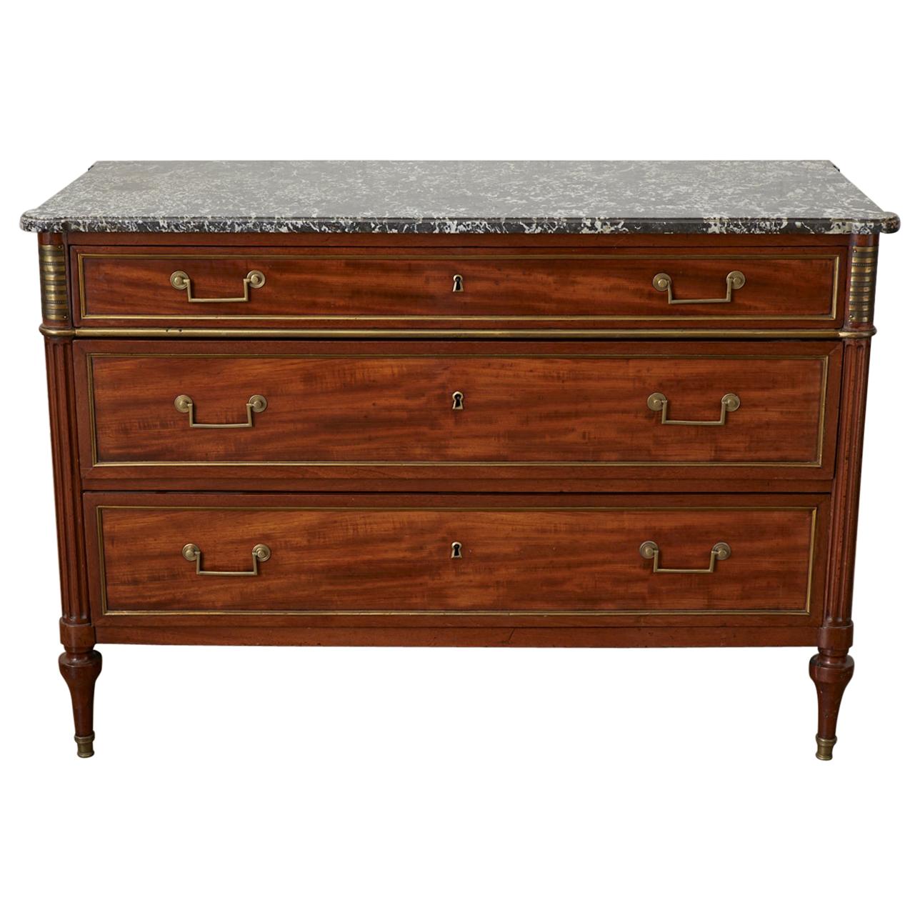 French Louis XVI Style Mahogany Marble-Top Commode