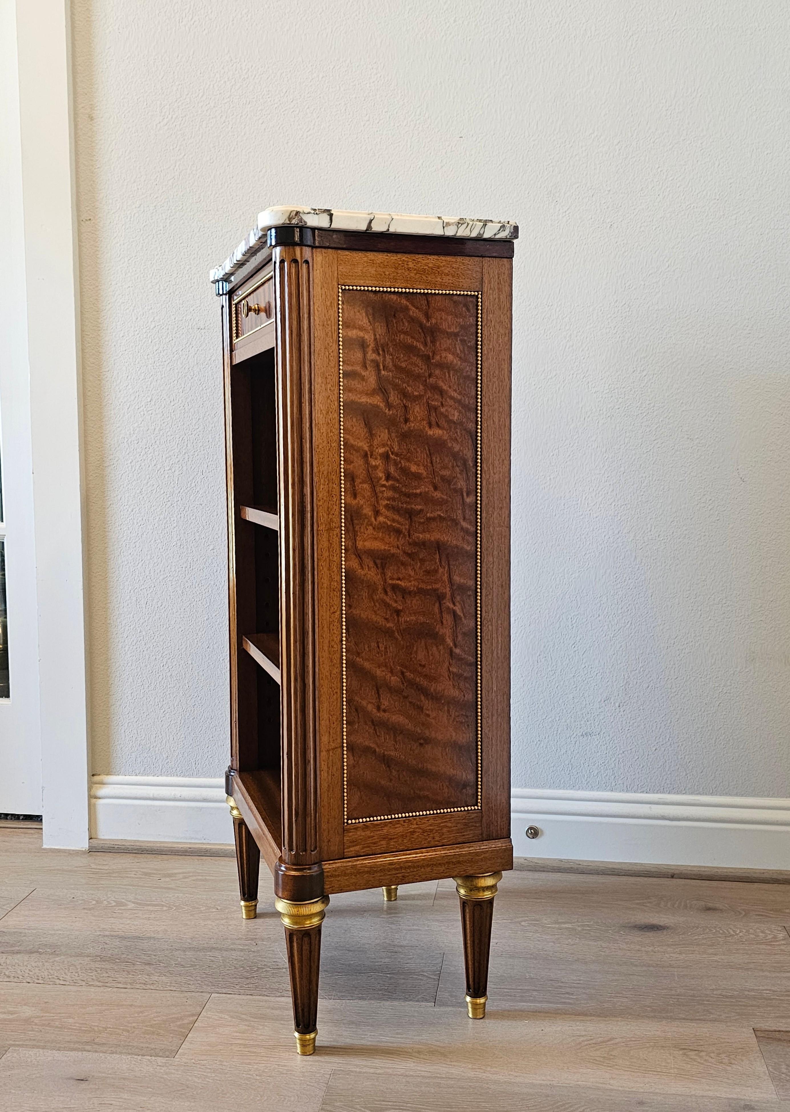 French Louis XVI Style Mahogany Pommele Sapele Open Bookcase Side Cabinet signed 4