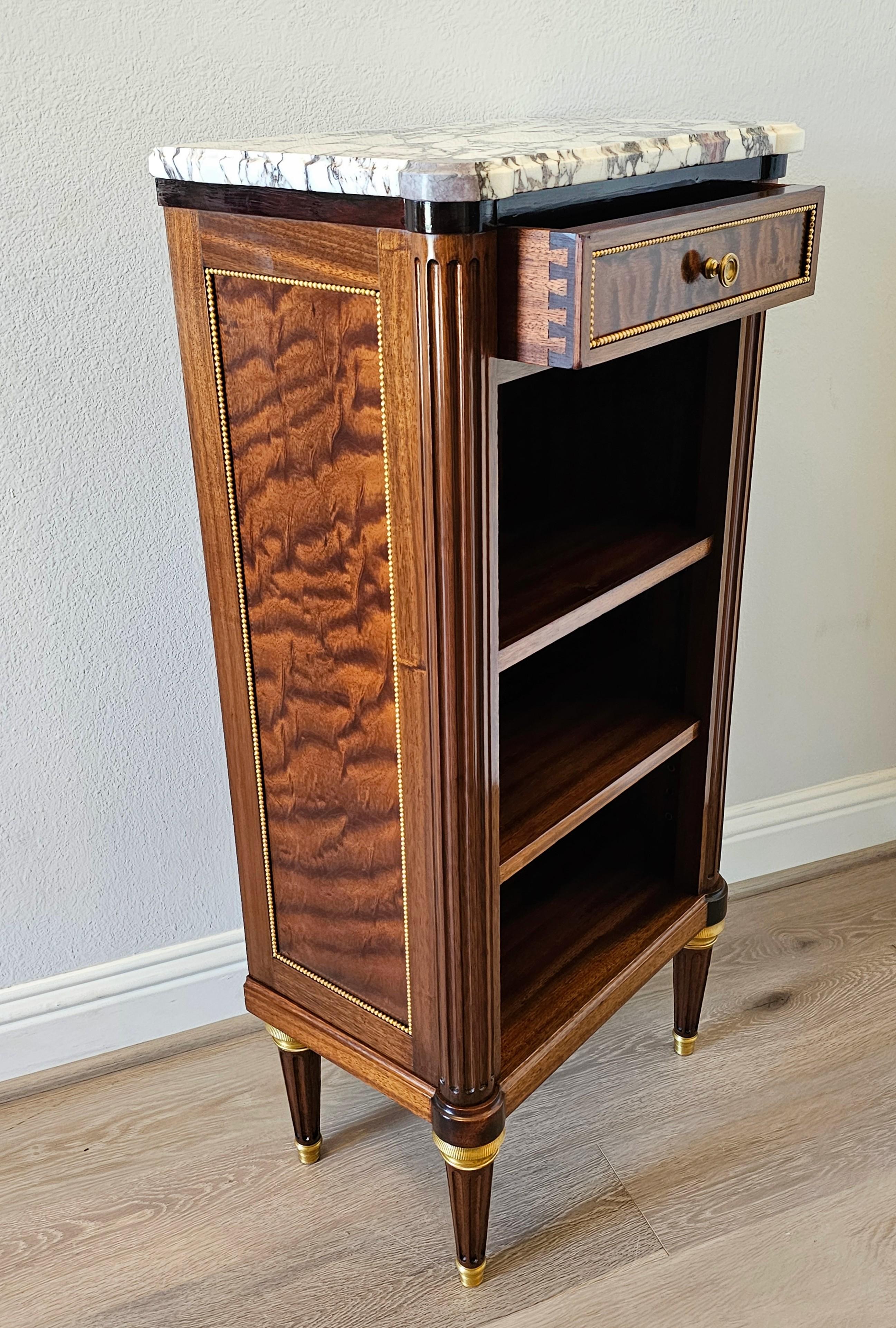 French Louis XVI Style Mahogany Pommele Sapele Open Bookcase Side Cabinet signed 7