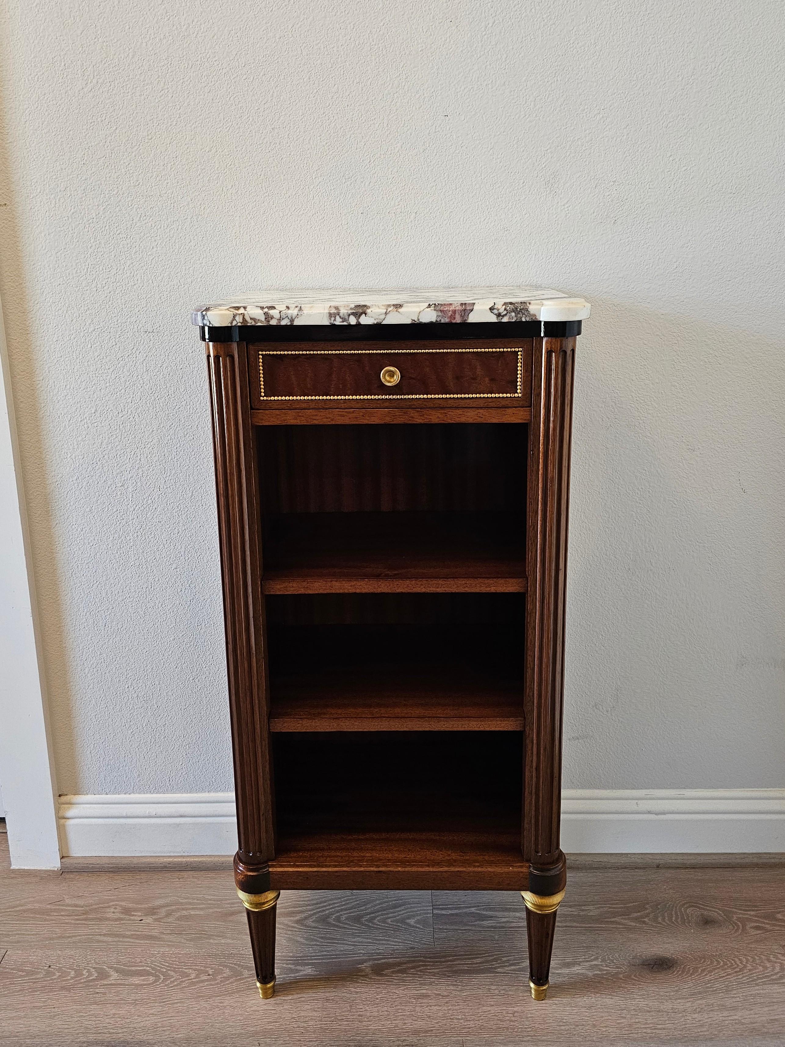 French Louis XVI Style Mahogany Pommele Sapele Open Bookcase Side Cabinet signed 11