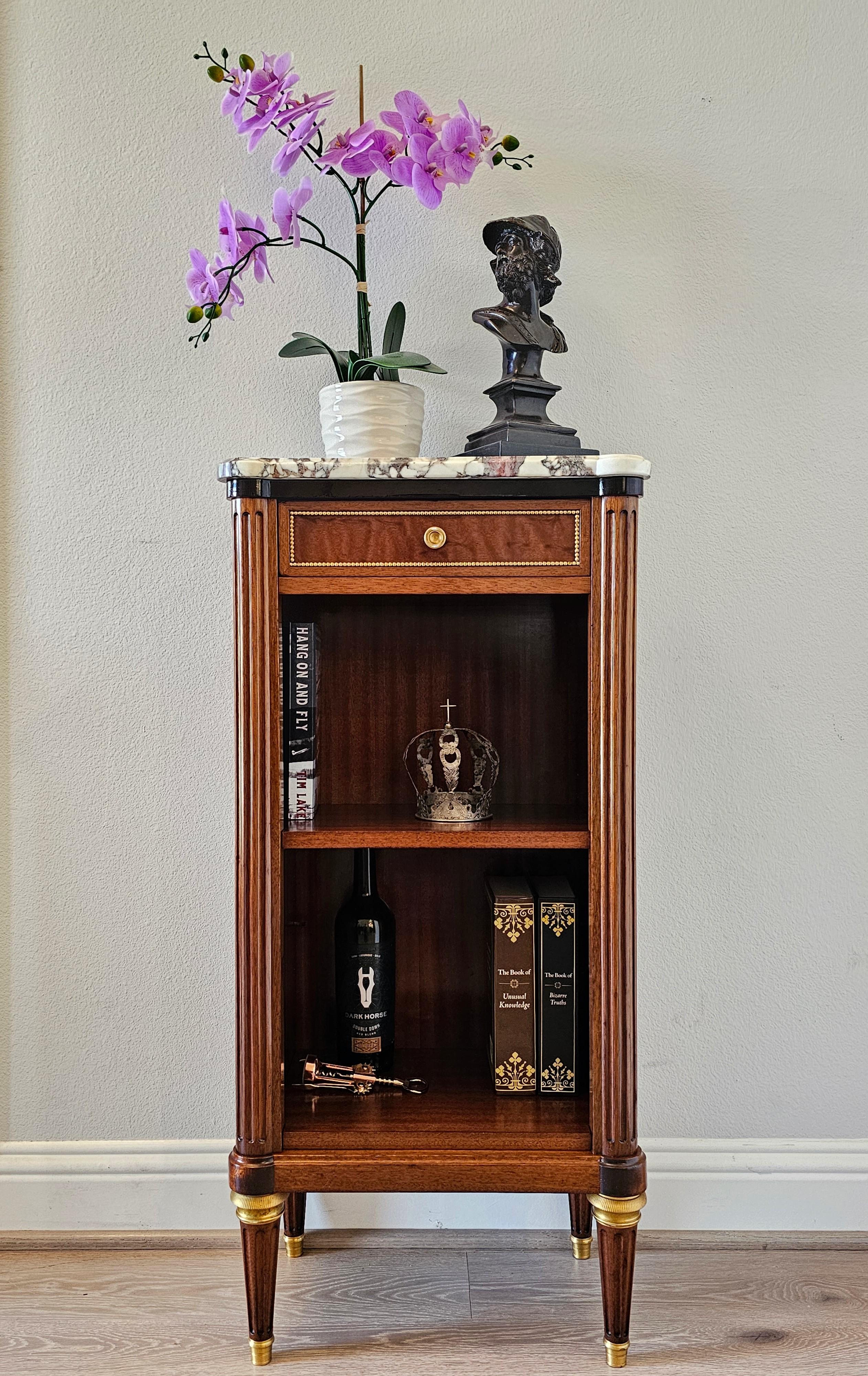 French Louis XVI Style Mahogany Pommele Sapele Open Bookcase Side Cabinet signed 12