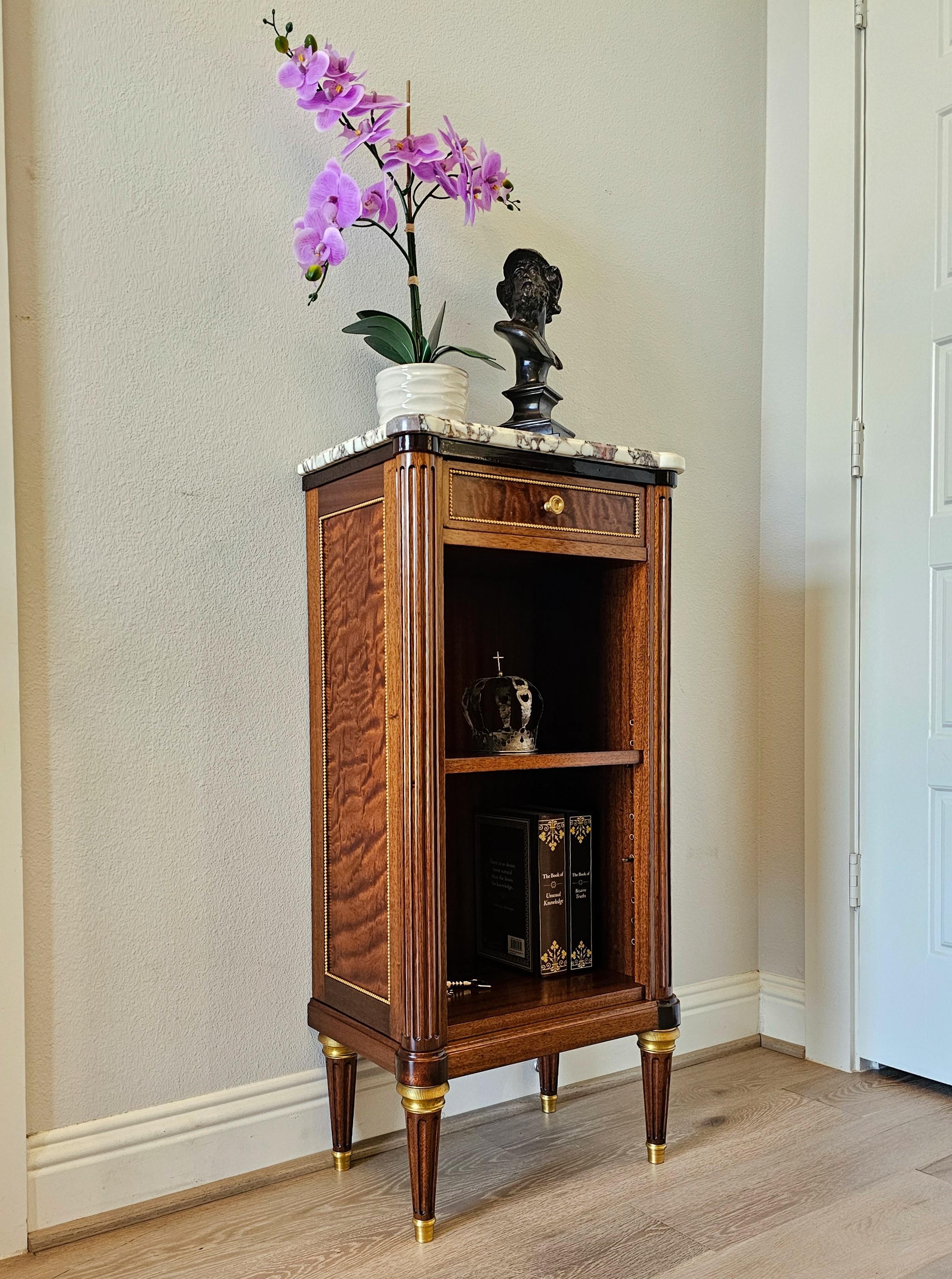 French Louis XVI Style Mahogany Pommele Sapele Open Bookcase Side Cabinet signed 14